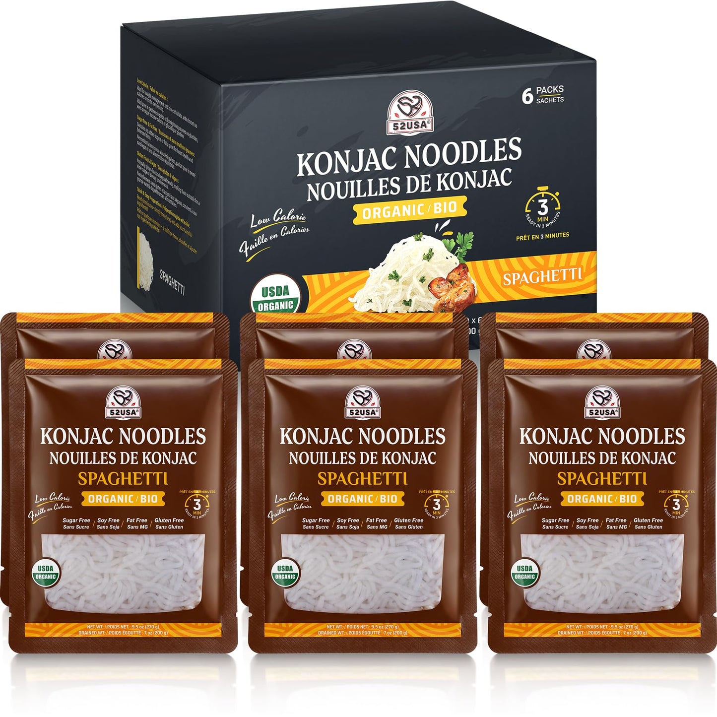 52USA Organic Konjac Spaghetti Noodle, 6-Pack (52.8 oz Total) - USDA Organic Shirataki Pasta, Low Carb, Keto Friendly, Vegan, Sugar-Free, Gluten-Free