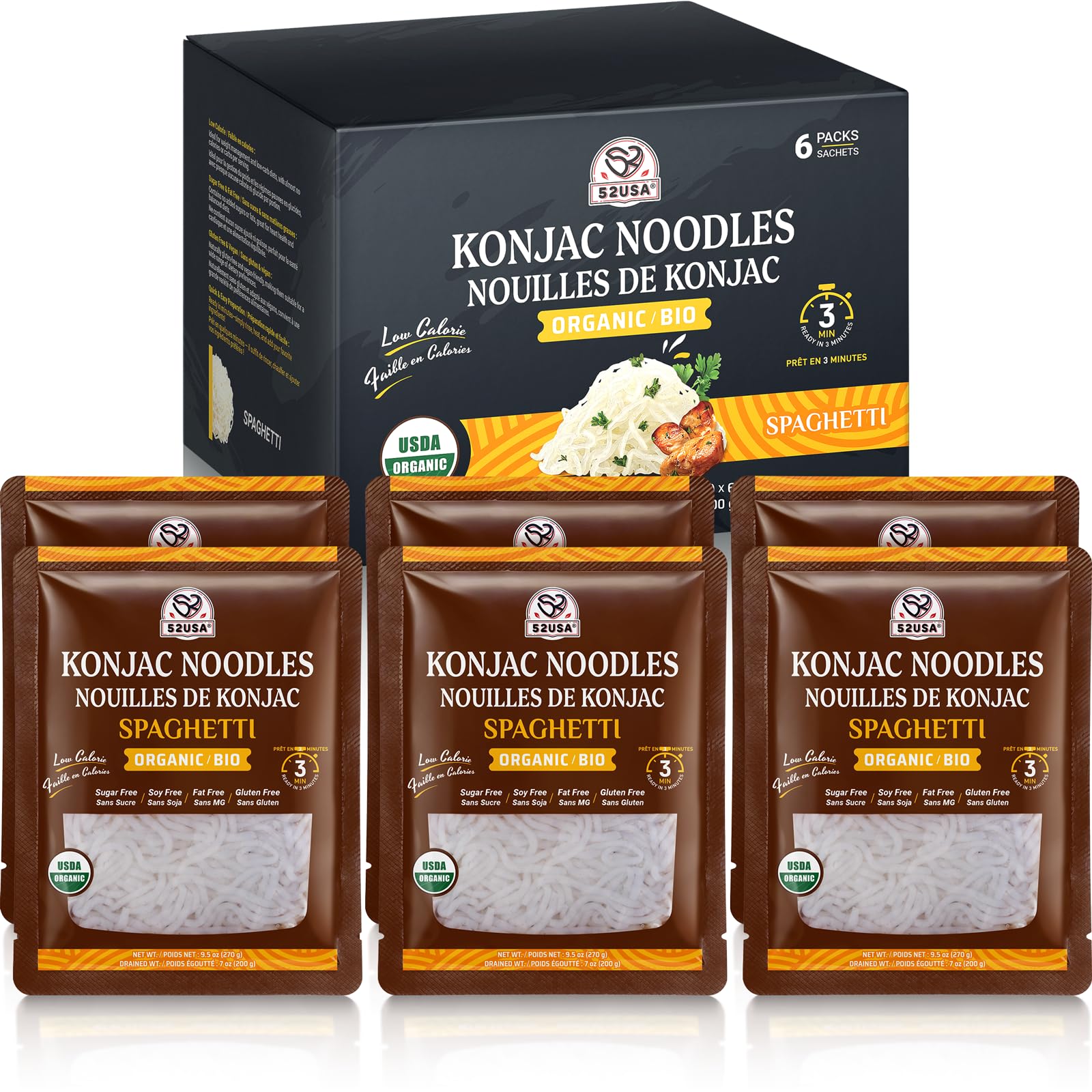 52USA Organic Konjac Spaghetti Noodle, 6-Pack (52.8 oz Total) - USDA Organic Shirataki Pasta, Low Carb, Keto Friendly, Vegan, Sugar-Free, Gluten-Free
