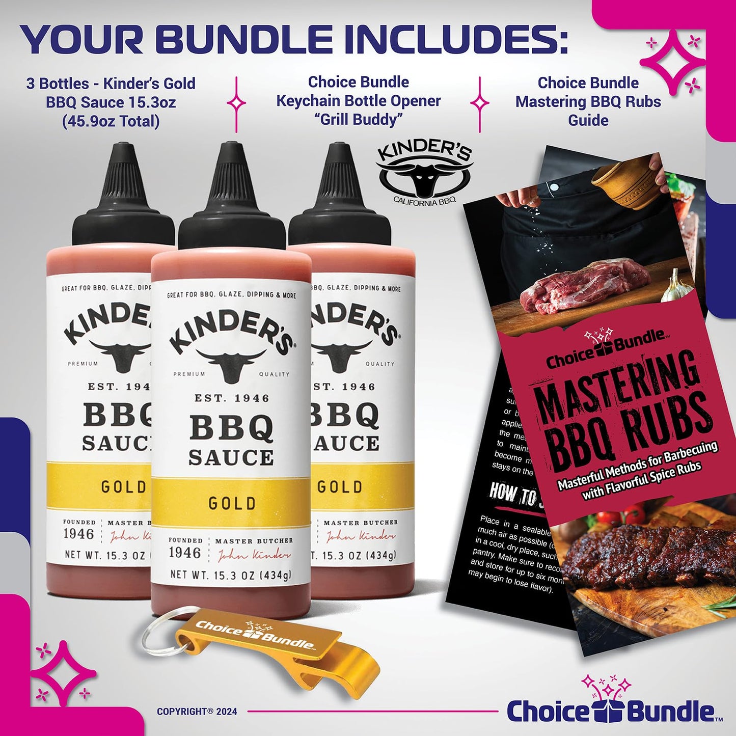 Kinder’s Gold BBQ Premium Barbecue Sauce 3 Pk (45.9 oz) Great to Dip Toss Glaze & More + Barbecue Masters & Bottle Opener (5 Items)!