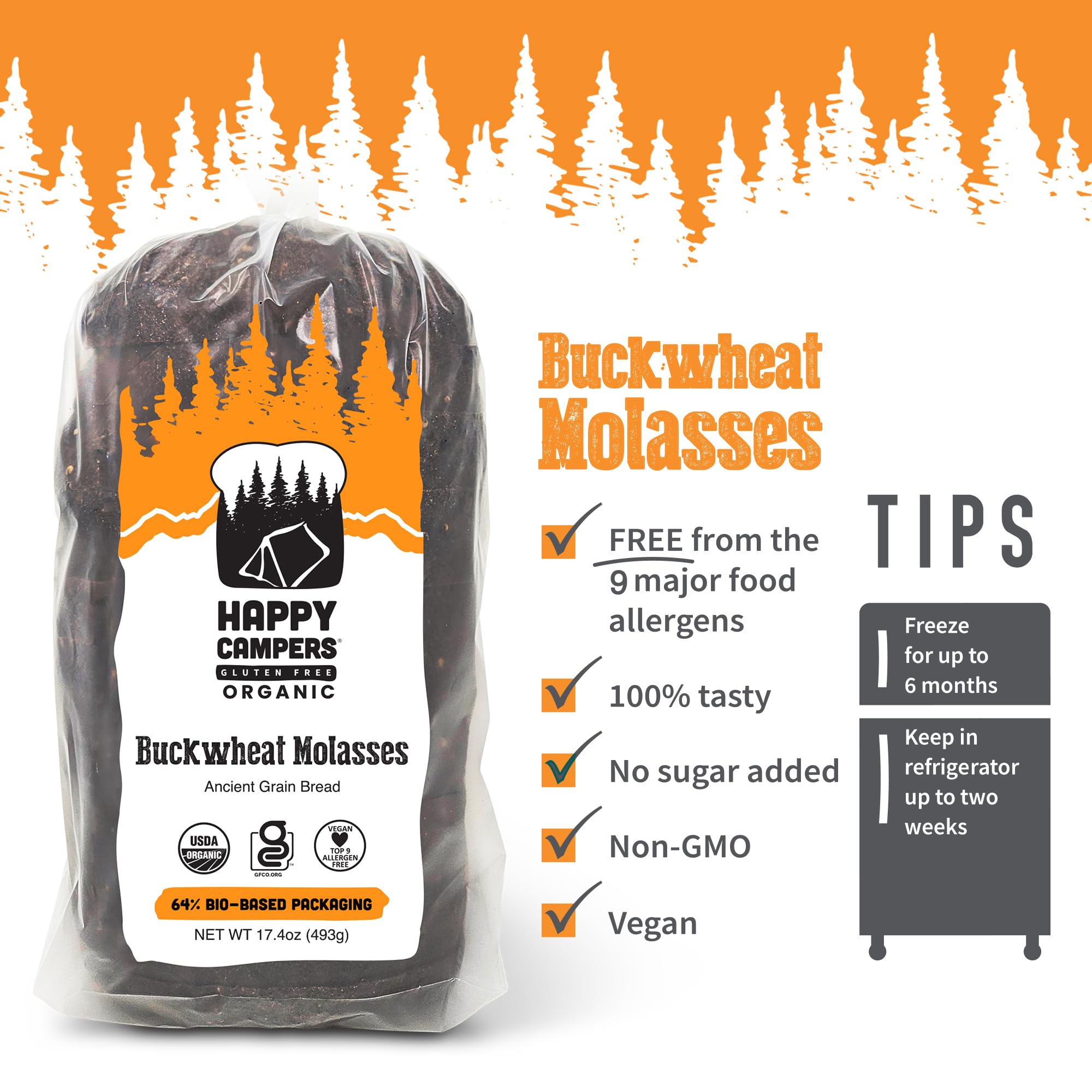 Happy Campers Buckwheat Molasses Gluten Free Bread, Whole Grain, Non-GMO, Vegan, Organic, 17.4 oz Loaf (Pack of 4)