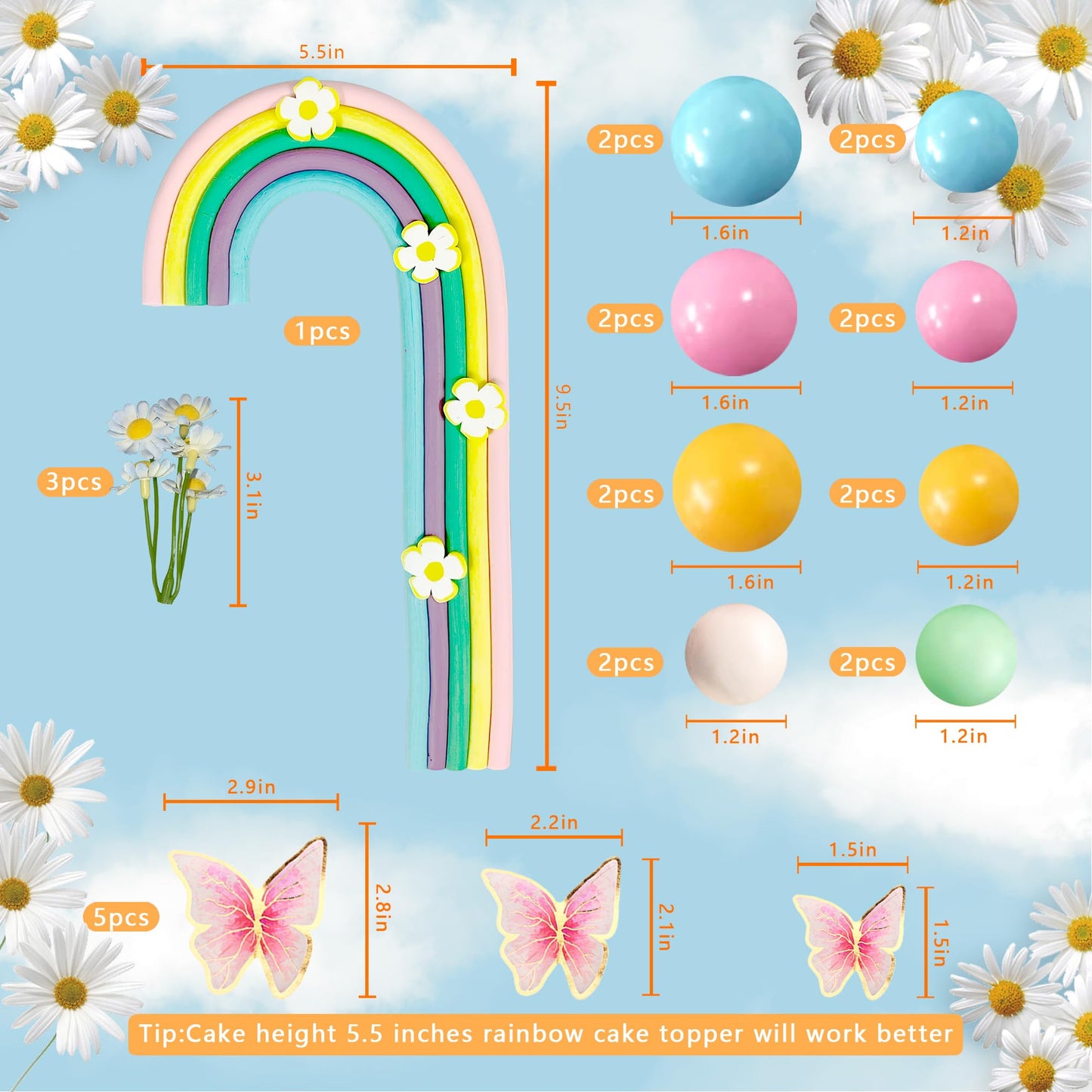 25PCS Rainbow Cake Topper Balls Cake Decorations Boho Cake Topper with Macaron Balls Artificial Flowers and Butterflies for Birthday Themed Supplies