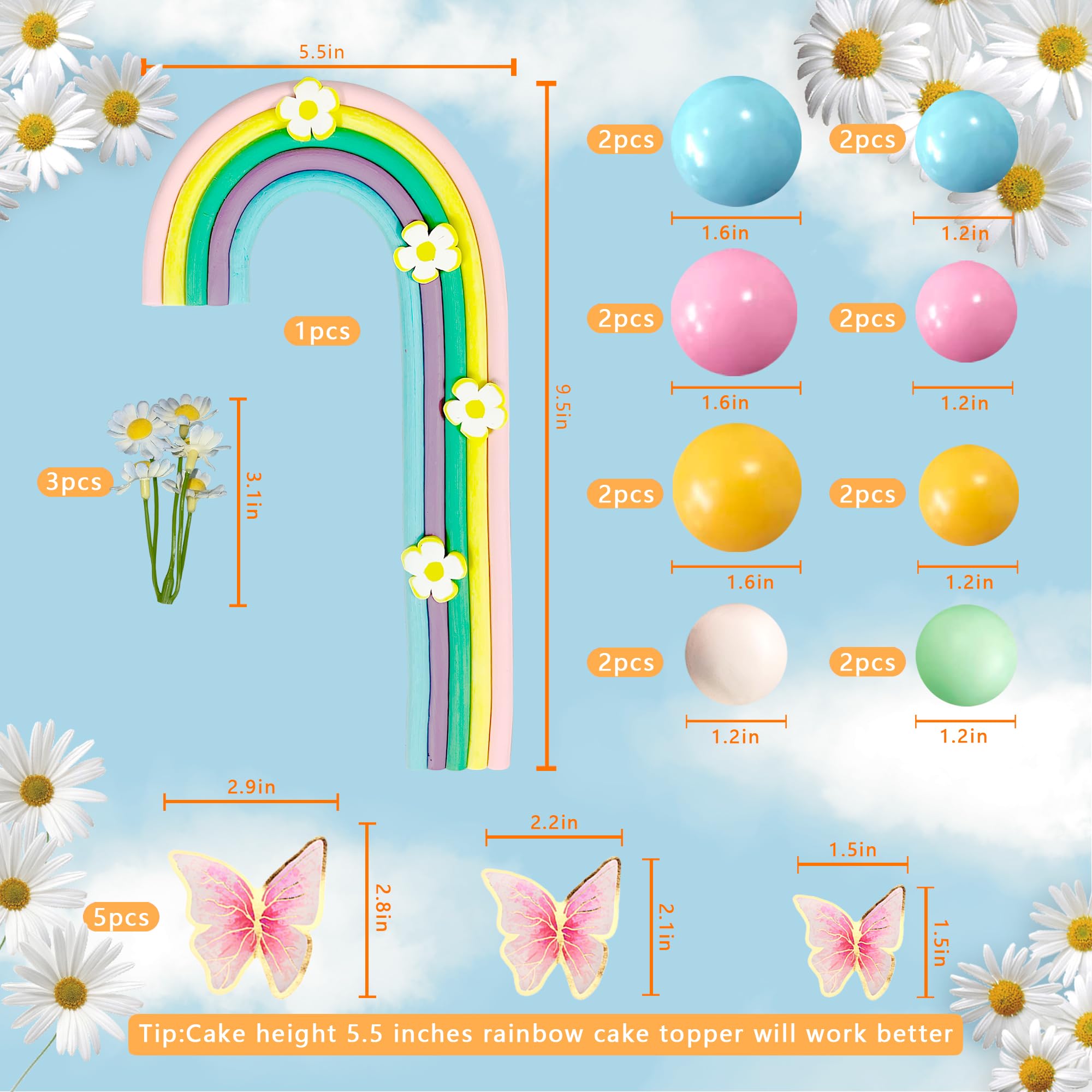 25PCS Rainbow Cake Topper Balls Cake Decorations Boho Cake Topper with Macaron Balls Artificial Flowers and Butterflies for Birthday Themed Supplies