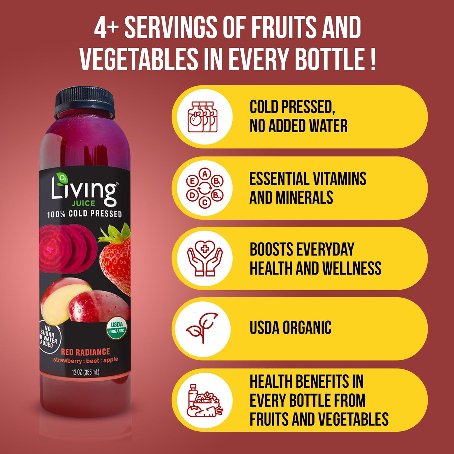 O2 Living Juice Cold Pressed Drink - Red Radiance Organic Juice Pack - No Added Sugar or Water, Naturally Sweetened from Fruits, Rich in Nutrients