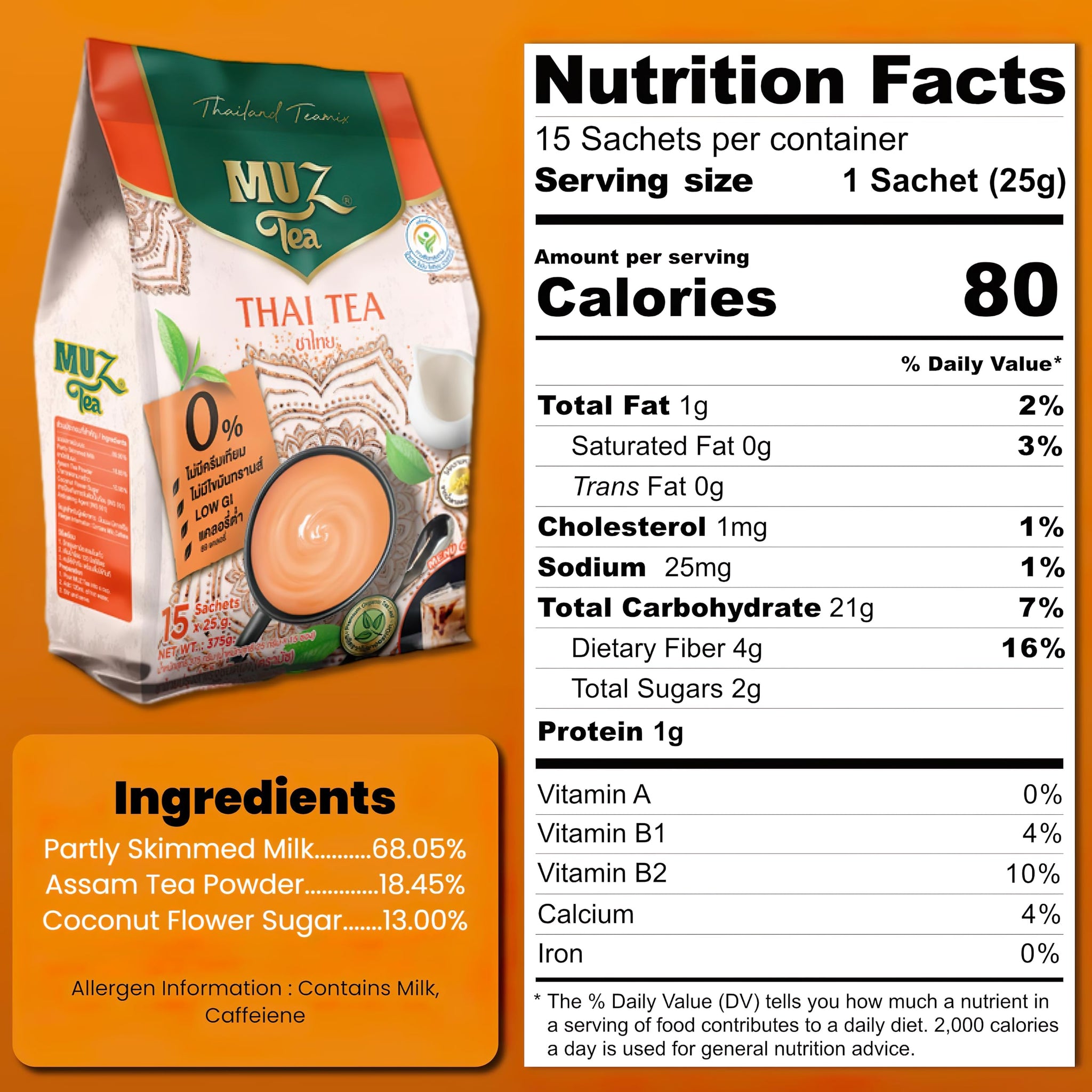 MuzTea Thai Tea Mix Milk Tea Powder 3 in 1 Instant Thai Tea Drink Packets Authentic Assam Tea Leaves For Hot Ice Tea, No Artificial Color 15 Sachets