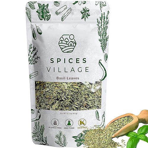SPICES VILLAGE Dried Basil (2.3 oz), Basil Spice, All Natural Fresh Leaves, Pure Mediterranean Seasoning - Kosher Certified, Gluten Free, Non GMO