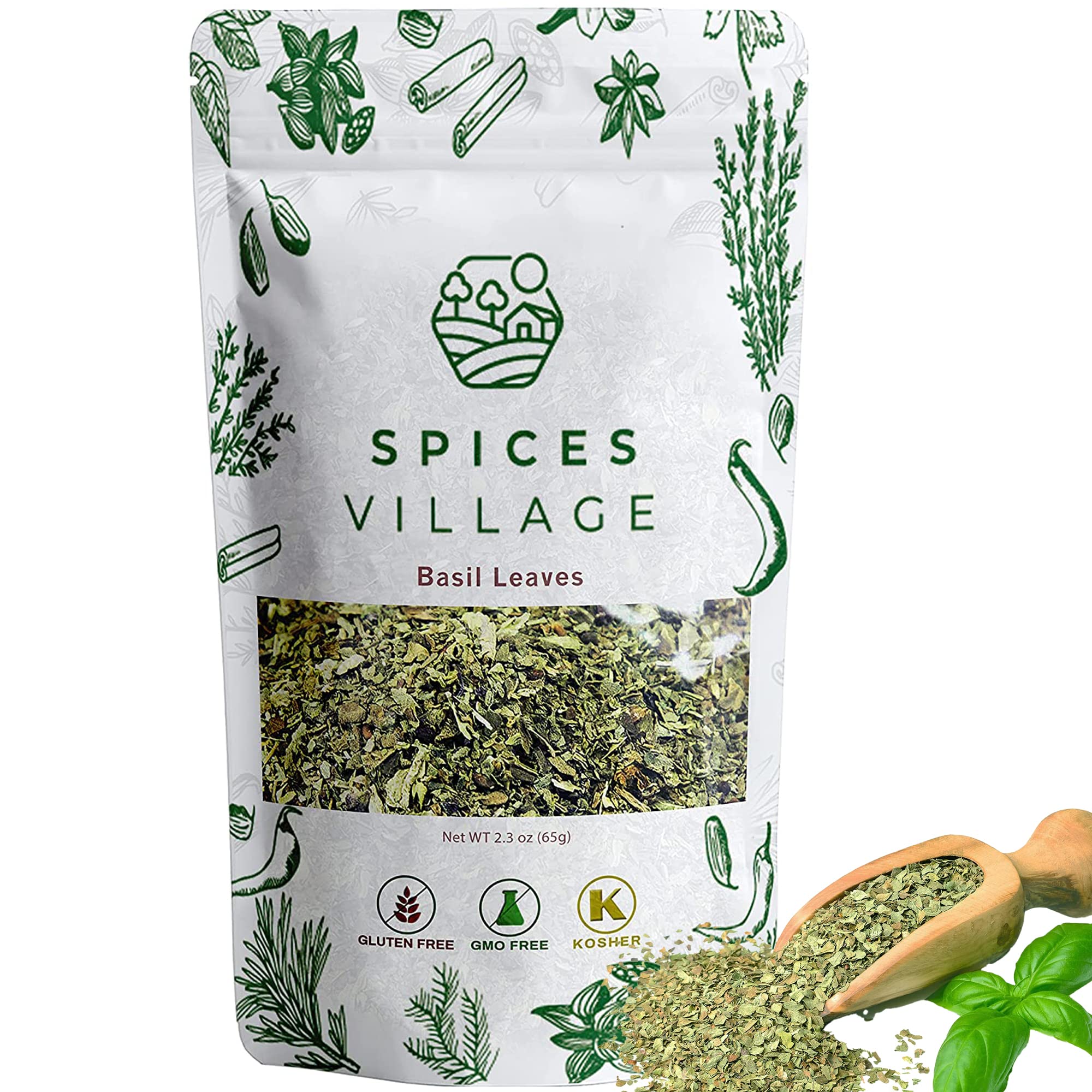 SPICES VILLAGE Dried Basil (2.3 oz), Basil Spice, All Natural Fresh Leaves, Pure Mediterranean Seasoning - Kosher Certified, Gluten Free, Non GMO