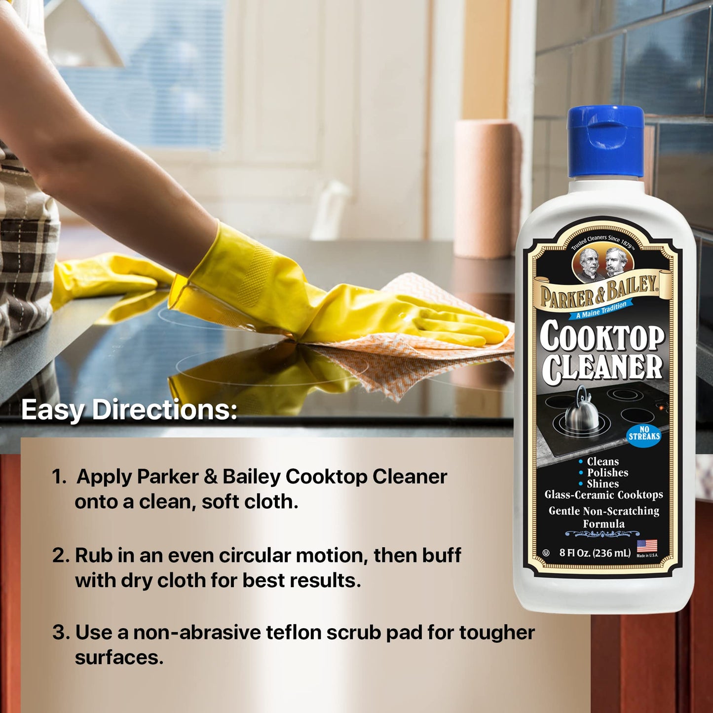 Parker & Bailey Cooktop Cleaner - Non-Scratch Formula for Glass and Ceramic Stovetops, Removes Grease and Residue, Restores Shine, 8 oz