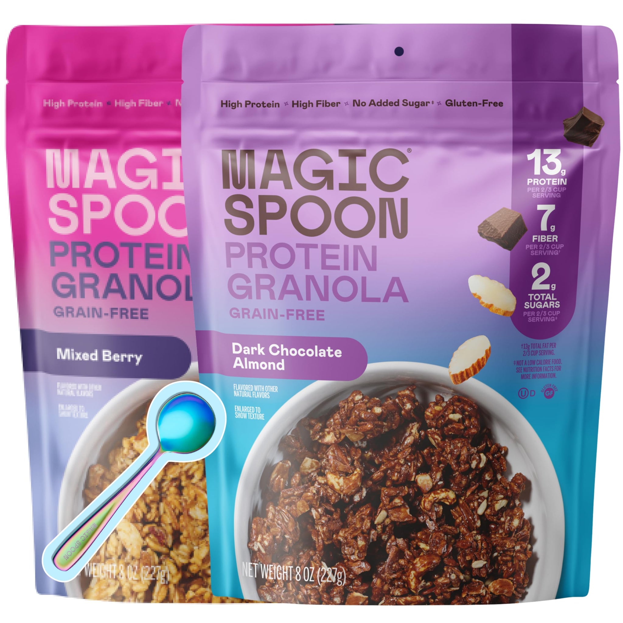 Magic Spoon High Protein Granola Low Sugar - 2 Pack: Mixed Berry & Dark Chocolate Almond - Low Carb Sugar Free Protein Snacks & Breakfast Food - Grain