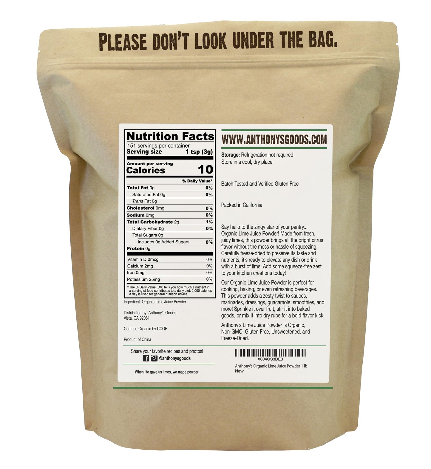 Anthony's Organic Lime Juice Powder, 1 lb, Freeze Dried, Unsweetened, Gluten Free, Non GMO