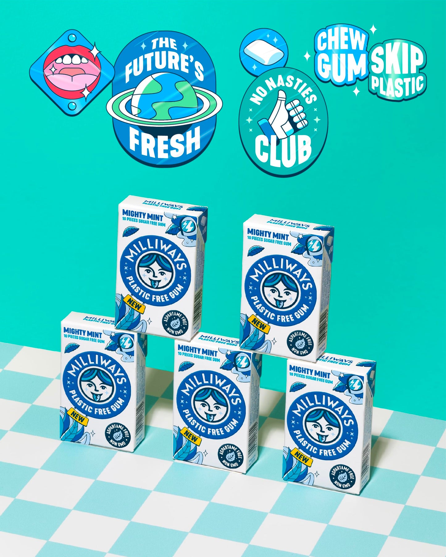 Milliways Mighty Mint | Plastic Free Gum | Xylitol, Aspartame-Free, Sugar-Free, Plant-Based, Natural Chewing Gum | 120 Pieces Total (12 Packs of 10