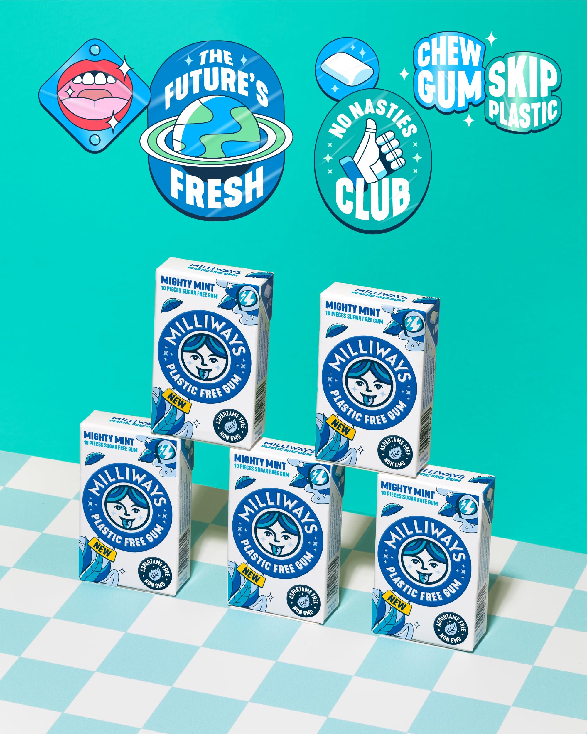 Milliways Mighty Mint | Plastic Free Gum | Xylitol, Aspartame-Free, Sugar-Free, Plant-Based, Natural Chewing Gum | 120 Pieces Total (12 Packs of 10