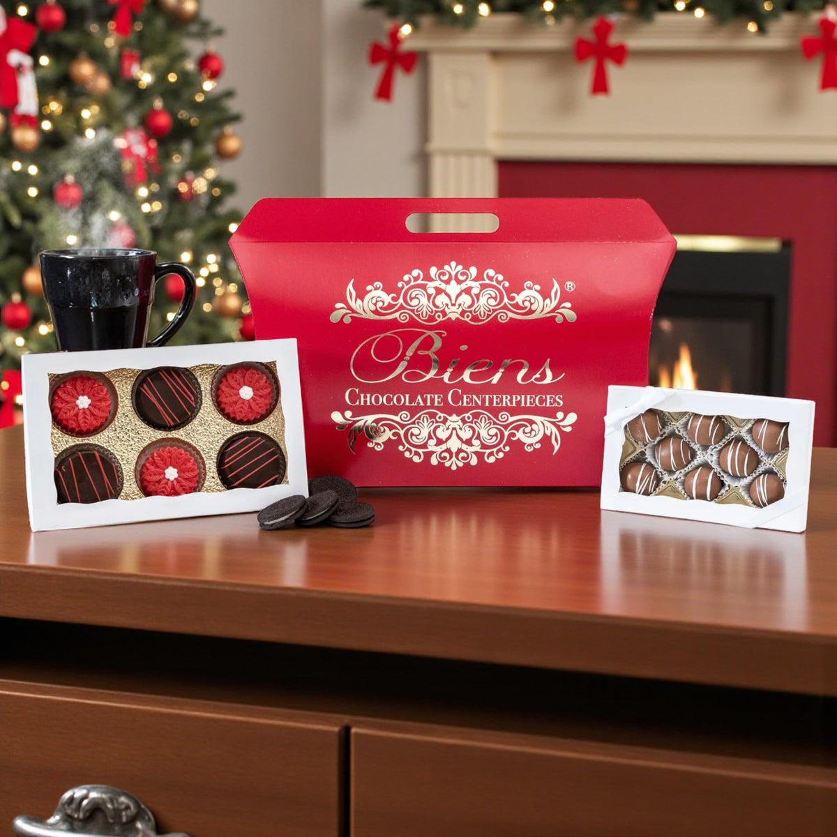 Biens Chocolate Centerpieces, Winter Christmas Custom Covered Chocolate Sandwich Cookies Gift Set - Poinsettia Custom Hand Decorated Cookies & Dipped