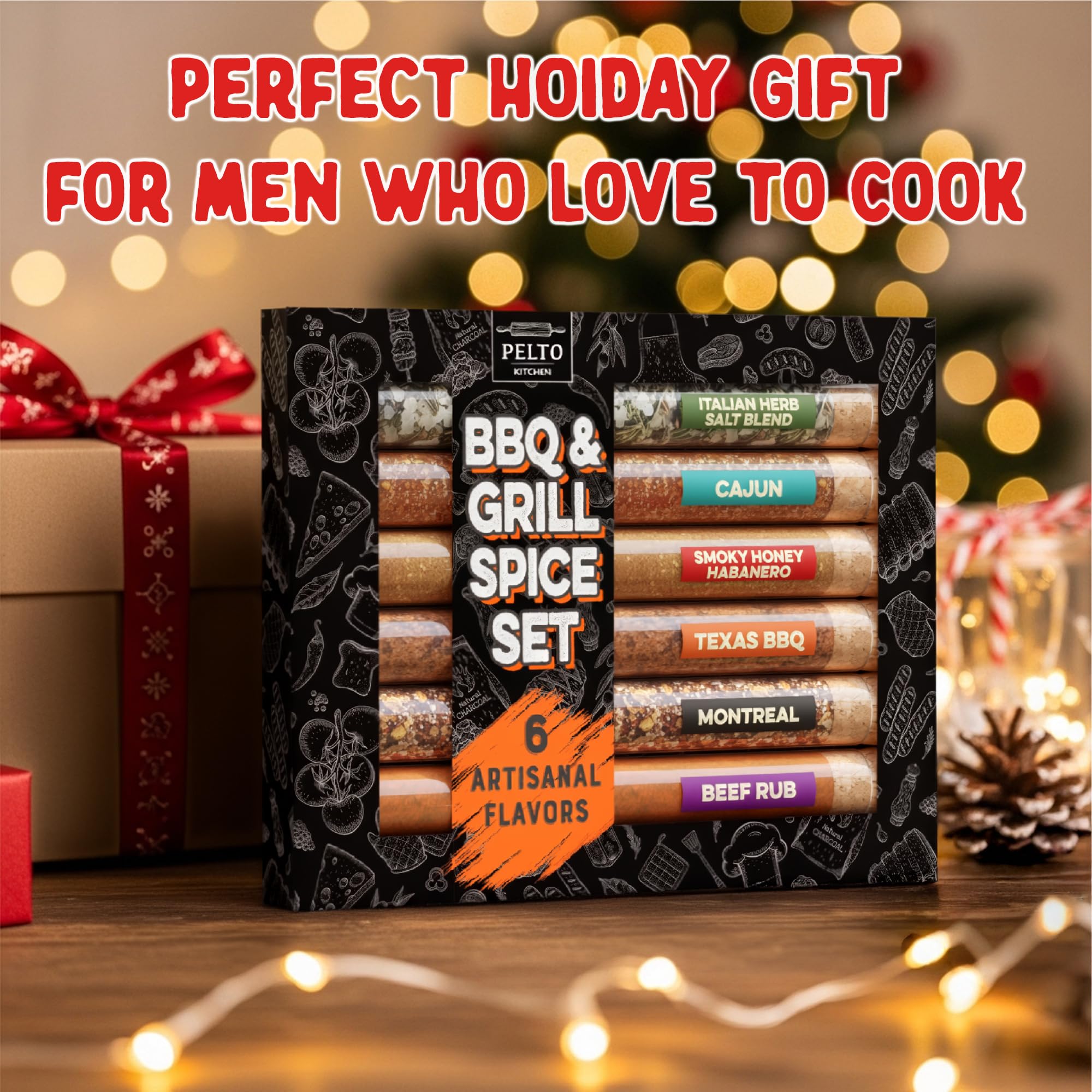 BBQ & Grill Spice Set - 6 Spice Blend Flavors in Tubes in a Gift Box, For Smoking, Seasosonig, Griling, Christmas Stocking Stuffers for Men Who Cook