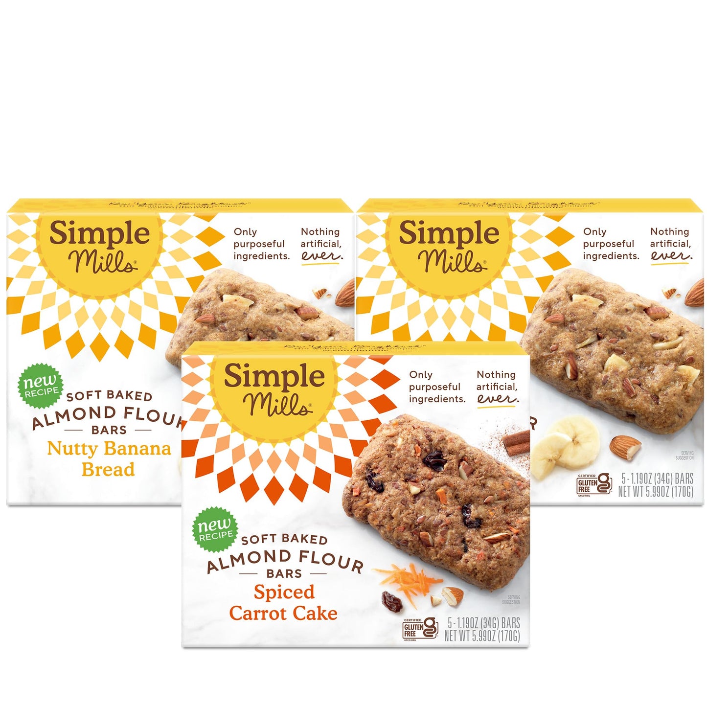 Snacks Variety Pack, Nutty Banana Bread, Spiced Carrot Cake Variety Pack, Simple Mills Bars, Low-Calorie Snacks, 5 Count (Pack of 3)