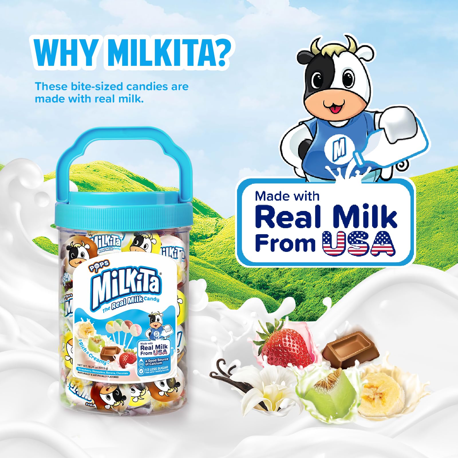 Milkita The Real Milk Candy Lollipop Jar - Low-Sugar, Assorted Healthy Sweets with Real Milk for Kids & Adults - Fat Free & Gluten Free Candy