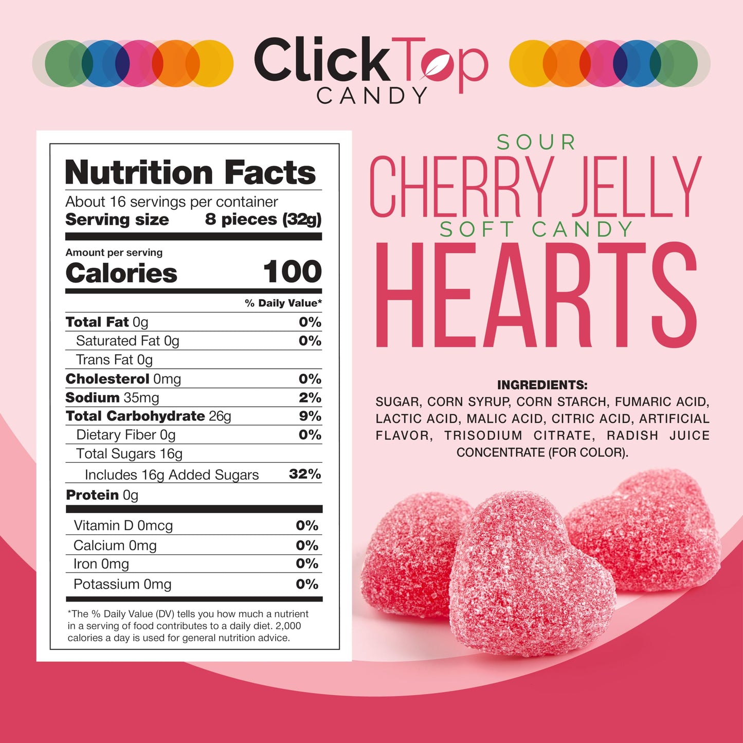 Cherry Jelly Hearts | 18 Ounce Jar | Dye Free Candy | Sour Candy Hearts for Dessert Topping, Gifting, and Holiday Buffets | Classic Soft Cherry