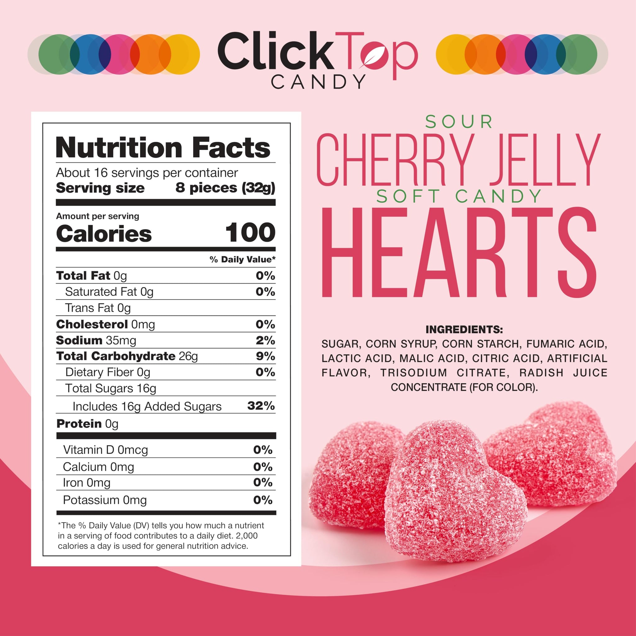 Cherry Jelly Hearts | 18 Ounce Jar | Dye Free Candy | Sour Candy Hearts for Dessert Topping, Gifting, and Holiday Buffets | Classic Soft Cherry