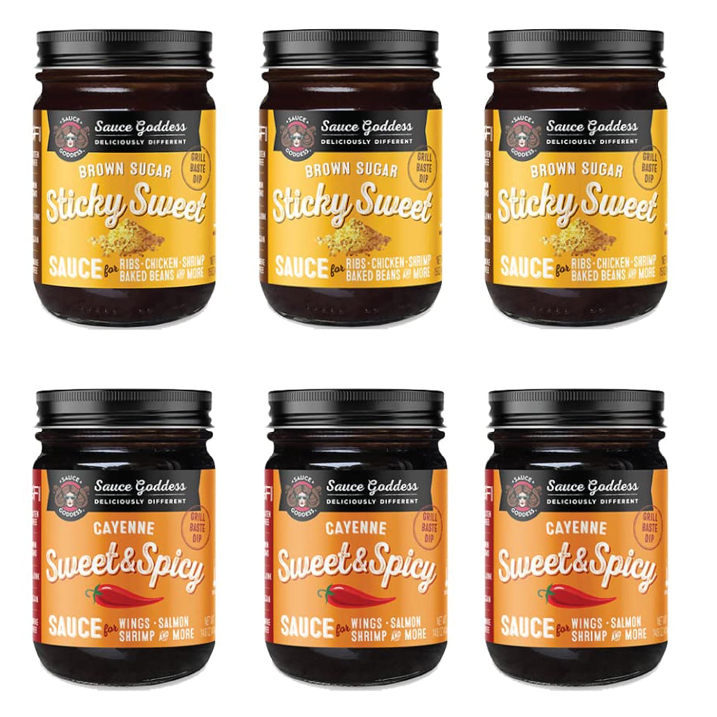 Sauce Goddess - Sticky Sweet & Sweet & Spicy Cayenne BBQ Sauces - Gluten-Free, Vegan, No Additives, No GMOs, 6 Jars, Ideal for Grilling