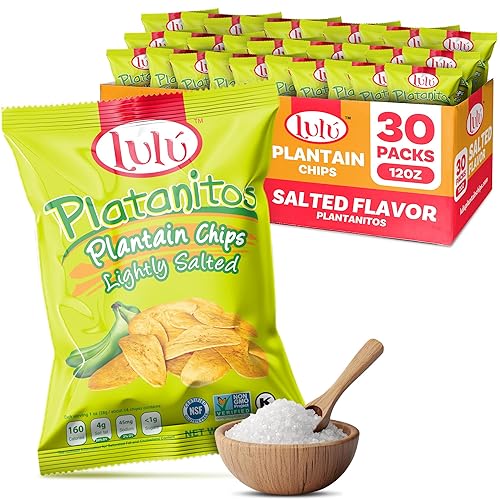 LULU Plantain Chips - Lightly Salted, 30 Individual Bags (2.5 Oz Each) - Crunchy, Delicious, Kosher, Gluten-Free Healthy Snacks - No Preservatives or