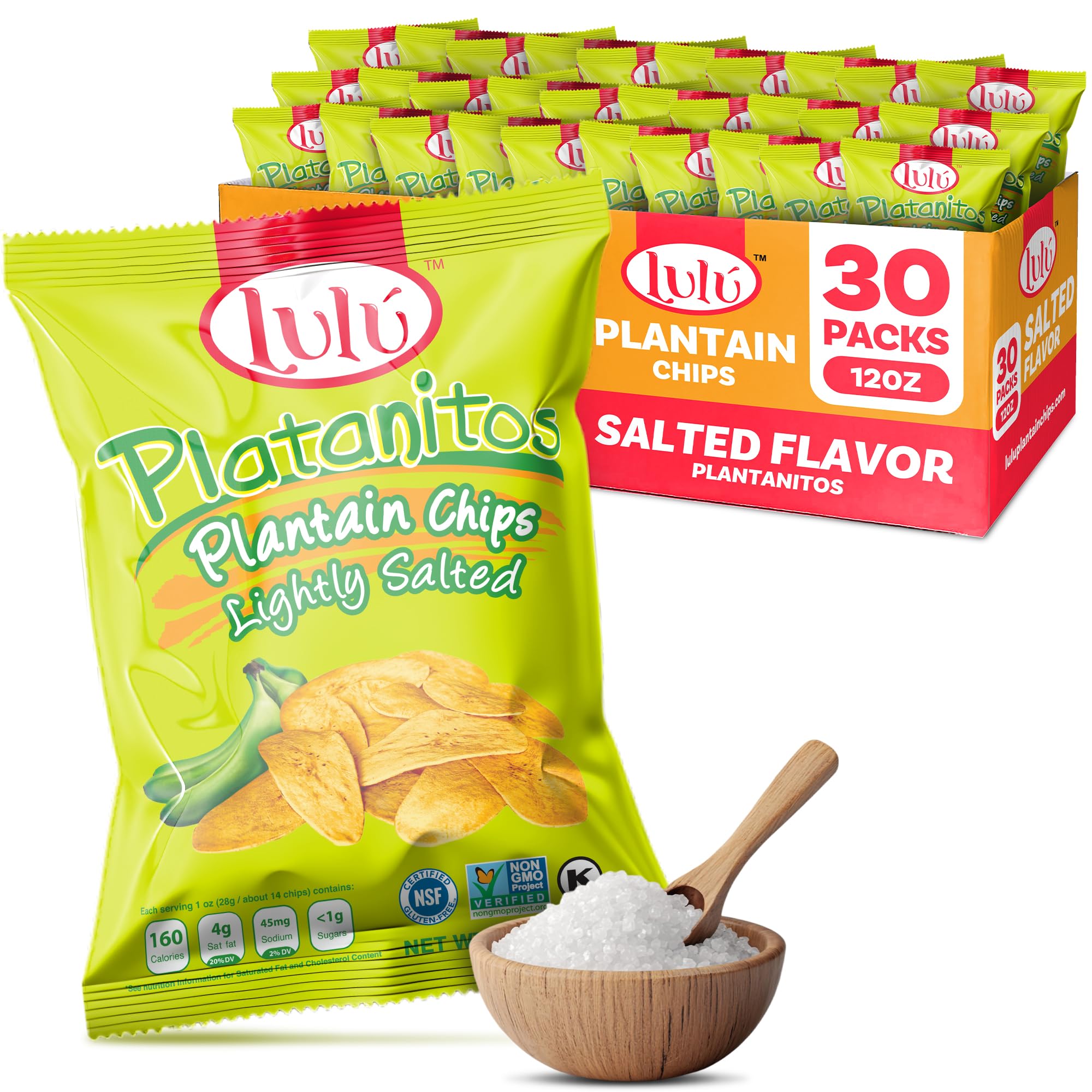 LULU Plantain Chips - Lightly Salted, 30 Individual Bags (2.5 Oz Each) - Crunchy, Delicious, Kosher, Gluten-Free Healthy Snacks - No Preservatives or
