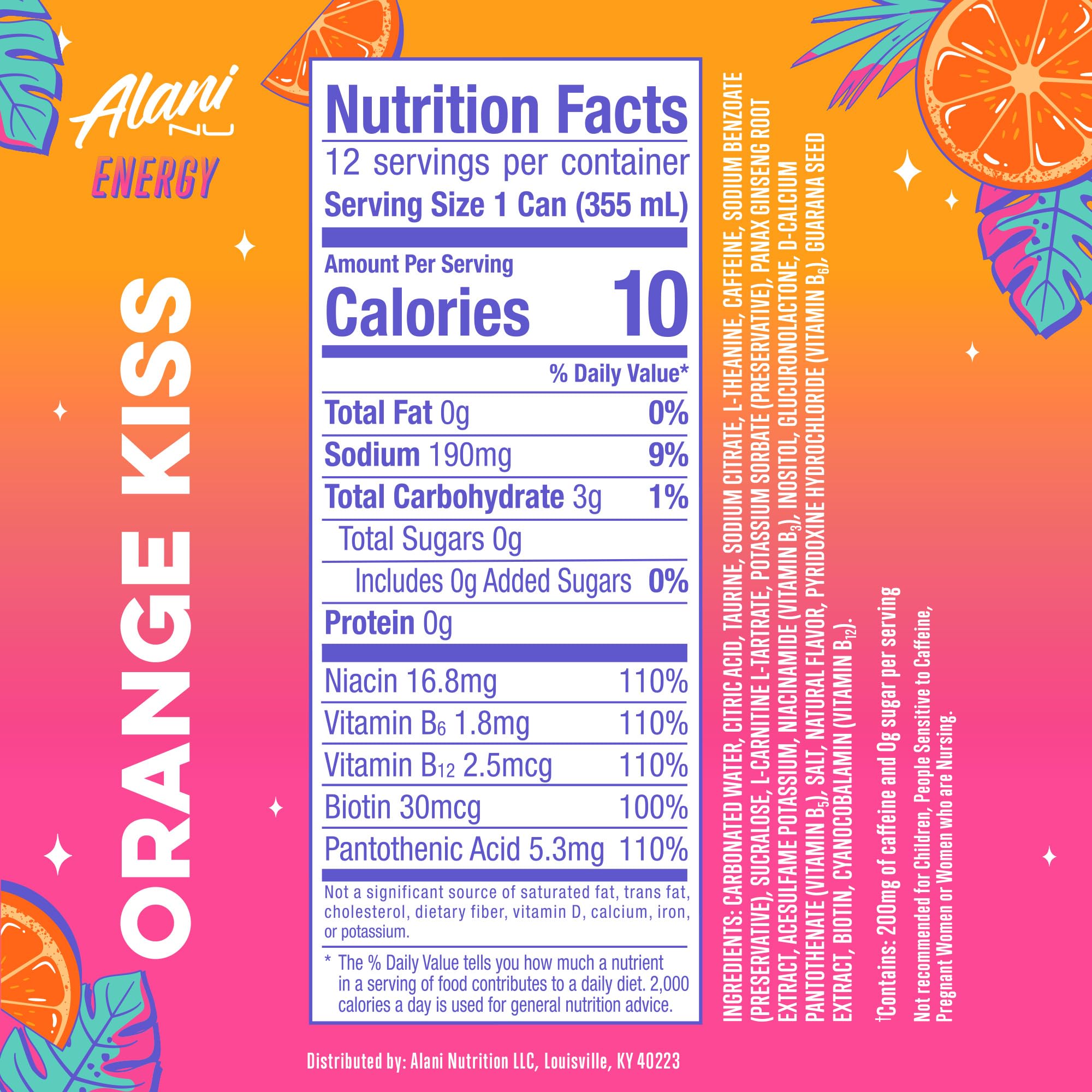 Alani Nu ORANGE KISS, Sugar Free, Low Calorie Energy Drinks, 200mg Caffeine, Biotin, B Vitamins, Zero Sugar, 10 Calories, 12 Fl Oz Cans, 24 Pack