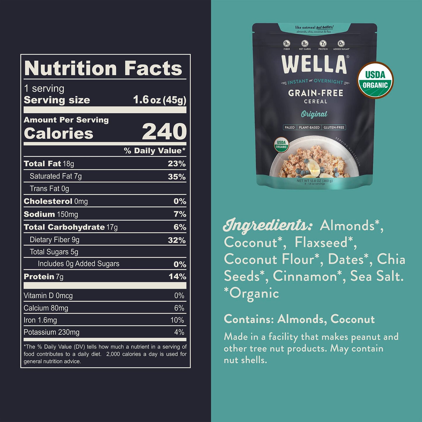 Wella Cereal Oatmeal Alternative, Gluten-Free Breakfast Hot Cereal, Grain-Free Paleo Organic Vegan High Protein Superfood, Plant-Based Non-GMO, Low in