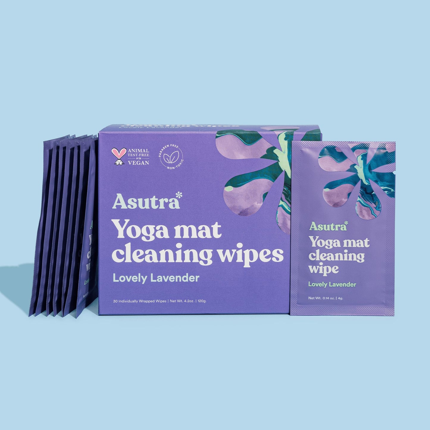 ASUTRA Yoga Mat Cleaning Wipes (Lovely Lavender), Individually Wrapped Wipes, 2 Boxes (30 Each) - No Slippery Residue, Deep-Cleansing for Fitness Gear