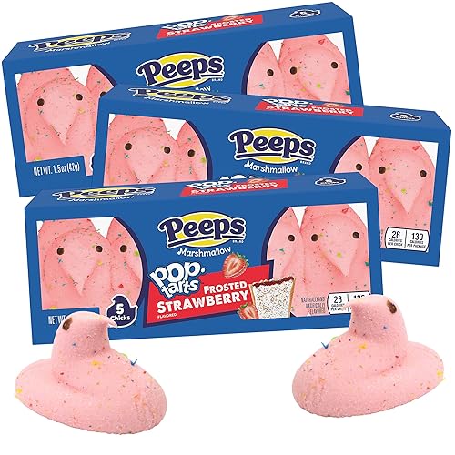 Frosted Strawberry Poptart Peeps Marshmallow Chicks, Easter Basket Stuffer Candy, 5 Count Boxes, Pack of 3