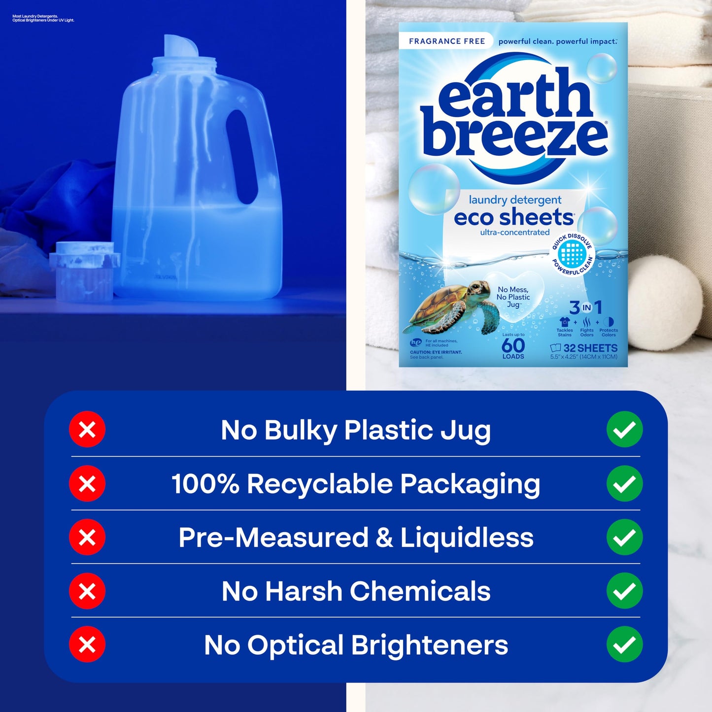 Earth Breeze Laundry Detergent Sheets Fragrance-Free - 60 Loads Eco Liquidless Soap - Travel-Friendly for Hot & Cold Cycles, Tackles Tough Stains