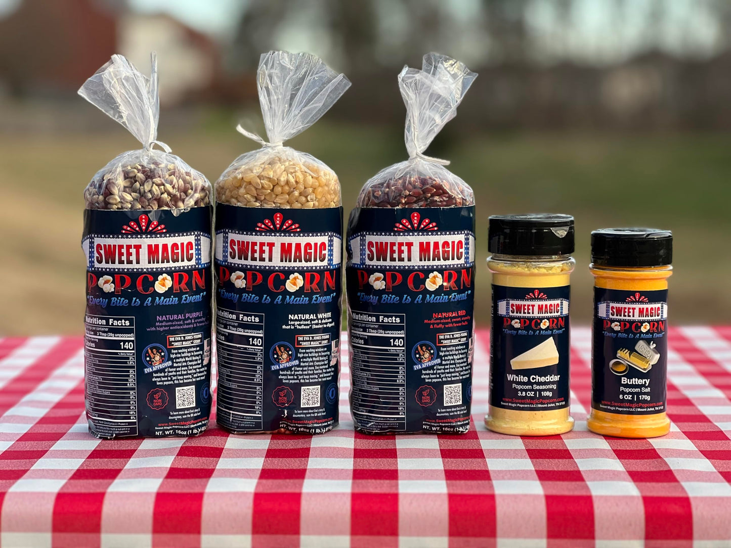 Sweet Magic Popcorn "The Glorious Day Package" - Kernels and Seasonings Variety Pack (set of 5) - 3 Non-GMO 16oz Popcorn Kernel Bags (Purple, White