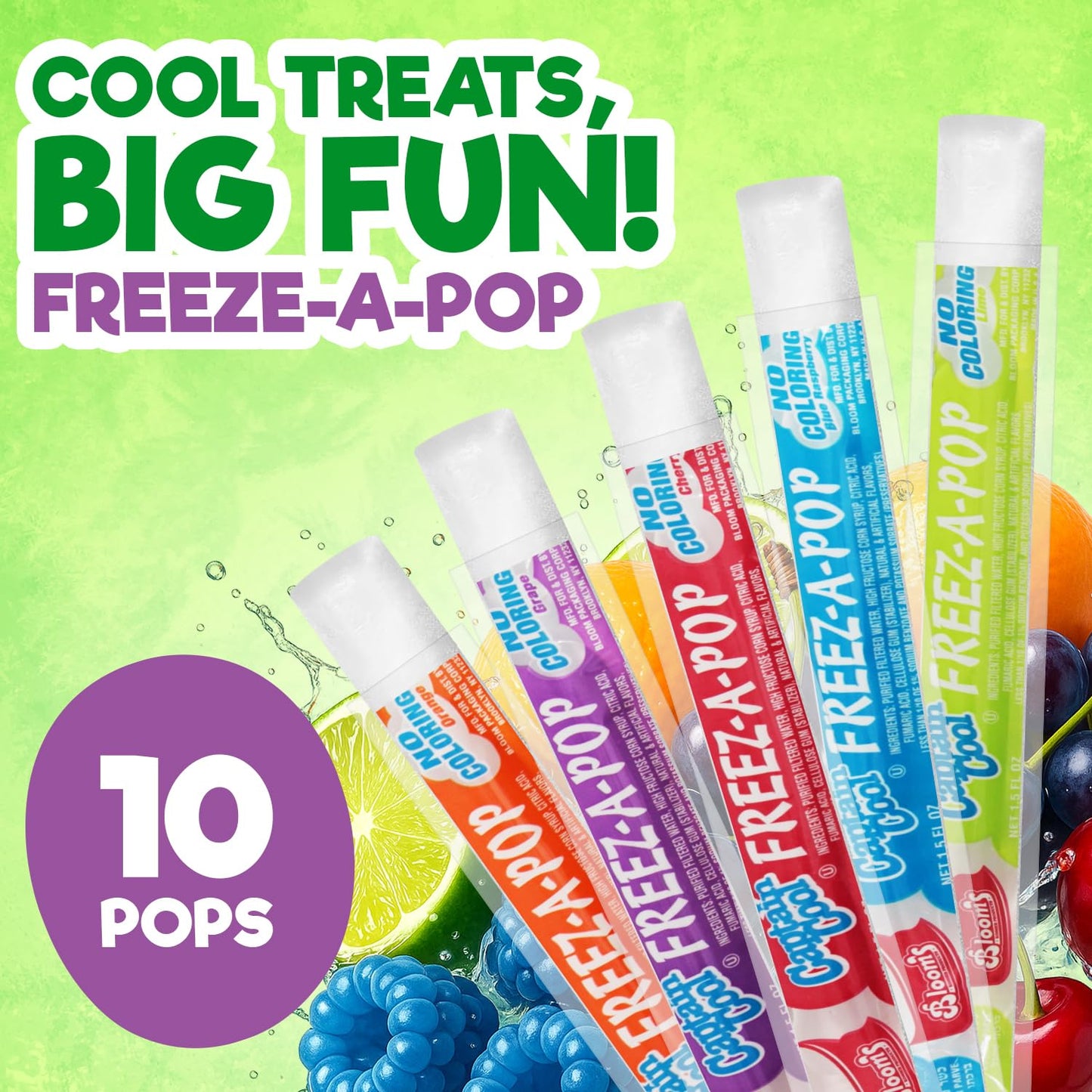 Freeze Pops, 10 Count Ice Pops Bulk Pack of Refreshing Assorted Flavors, Enjoy Dye Free Popsicles Frozen and Ready Anytime, Bright, Fruity and Fun