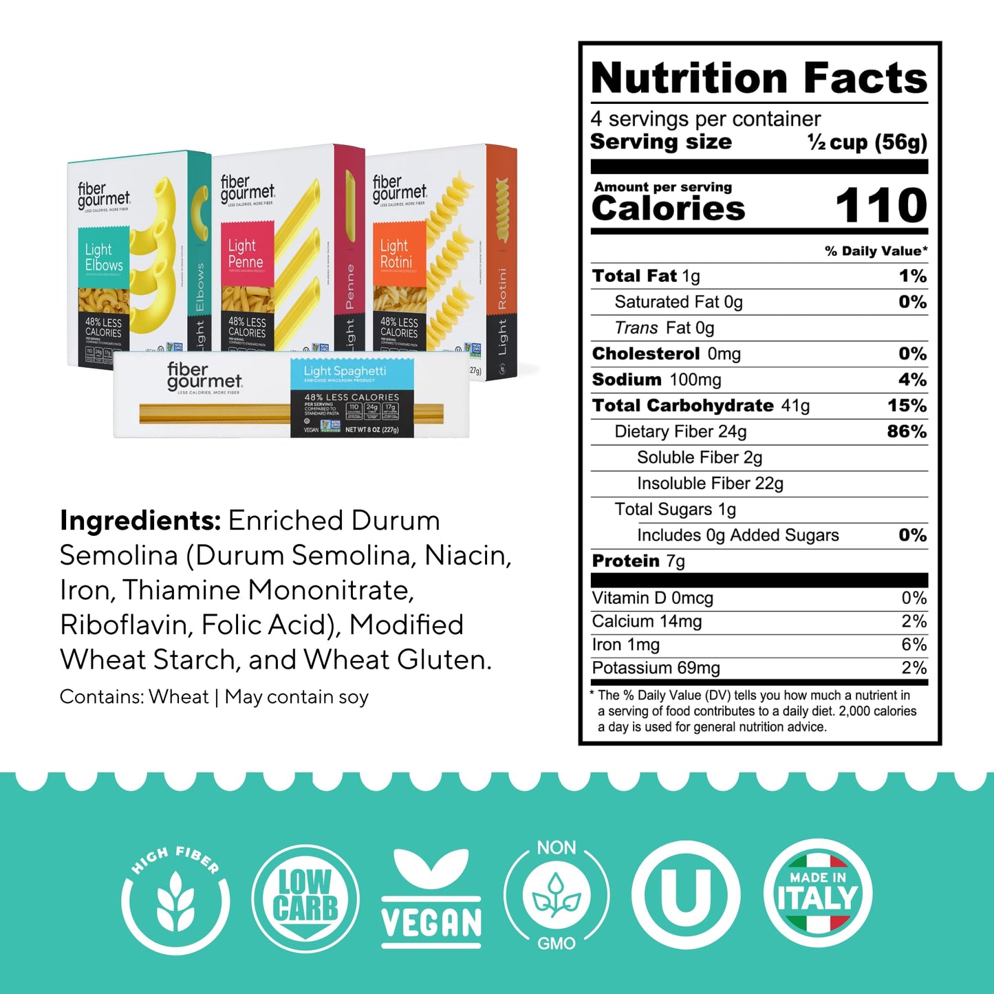 Fiber Gourmet Low Carb Pasta Variety Pack - Spaghetti, Rotini, Penne, Elbows - High Fiber, Keto Friendly, Non-GMO, Vegan, Kosher - Made in Italy