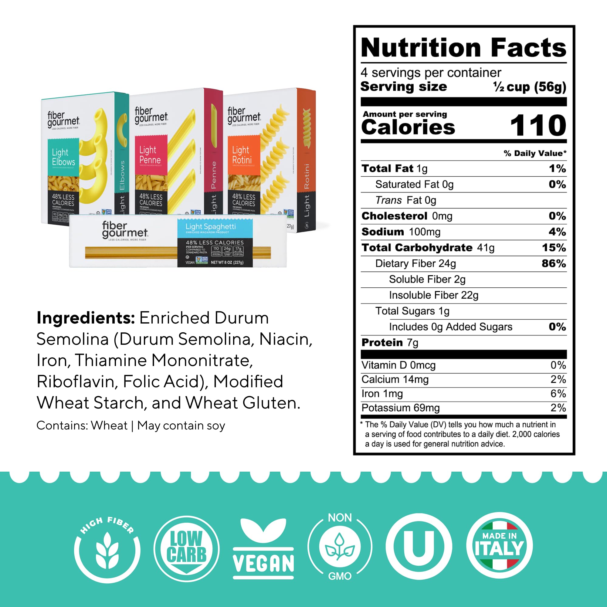 Fiber Gourmet Low Carb Pasta Variety Pack - Spaghetti, Rotini, Penne, Elbows - High Fiber, Keto Friendly, Non-GMO, Vegan, Kosher - Made in Italy