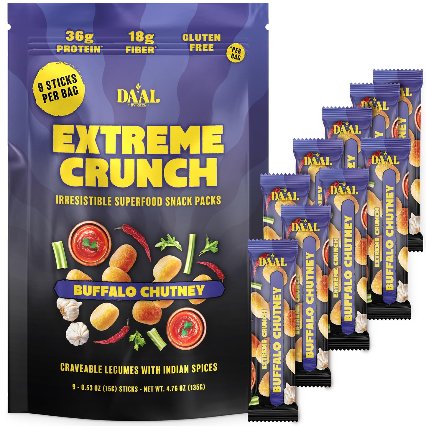 Daal Crunchy & Spicy Snacks - Vegan Snacks Made from Mung Beans - Gluten Free & Nut Free Moong Dal High Fiber Snacks Packed with 36g of Plant Based