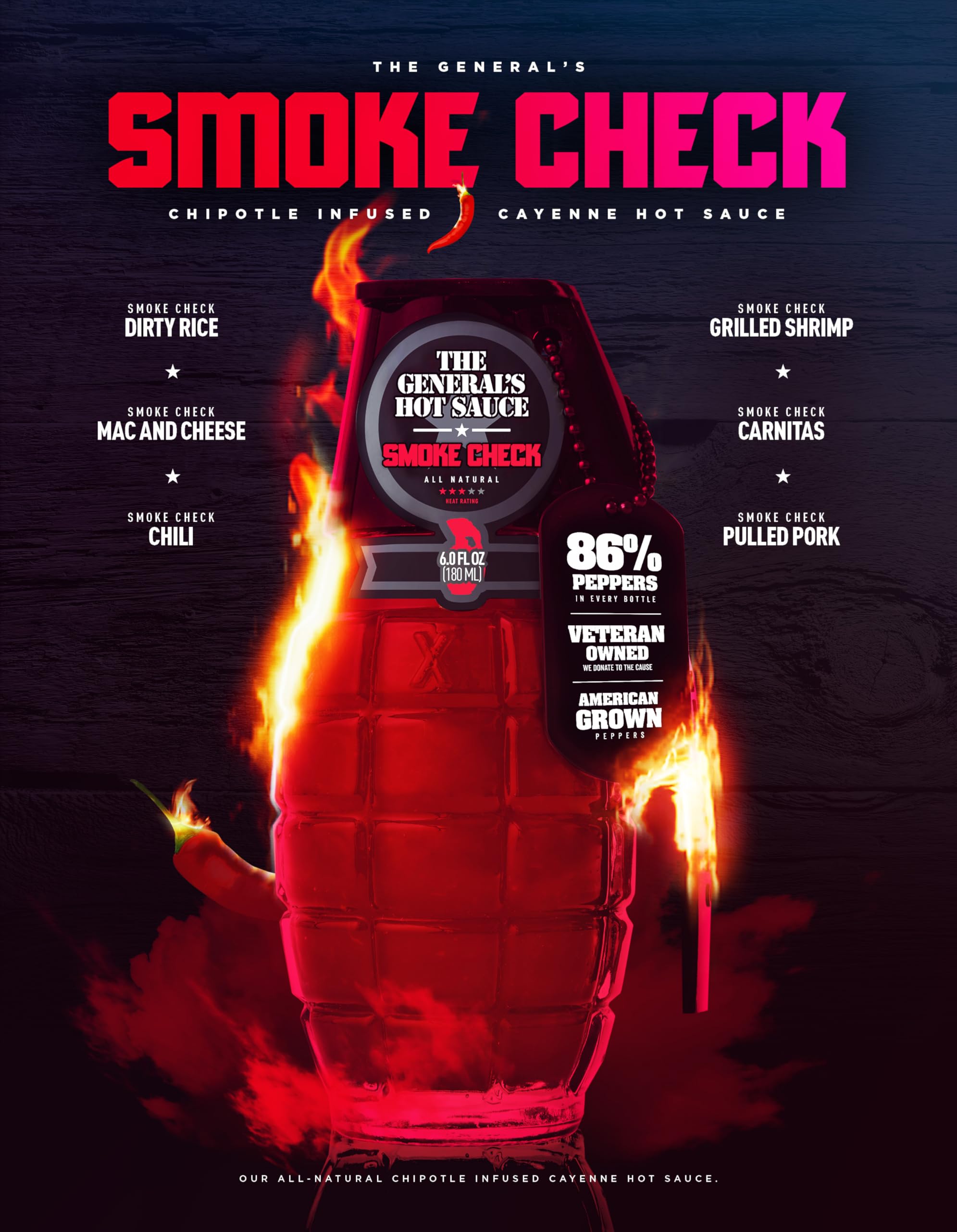 The General's Hot Sauce, Smoke Check, 3/5 Heat Rating, 6 oz