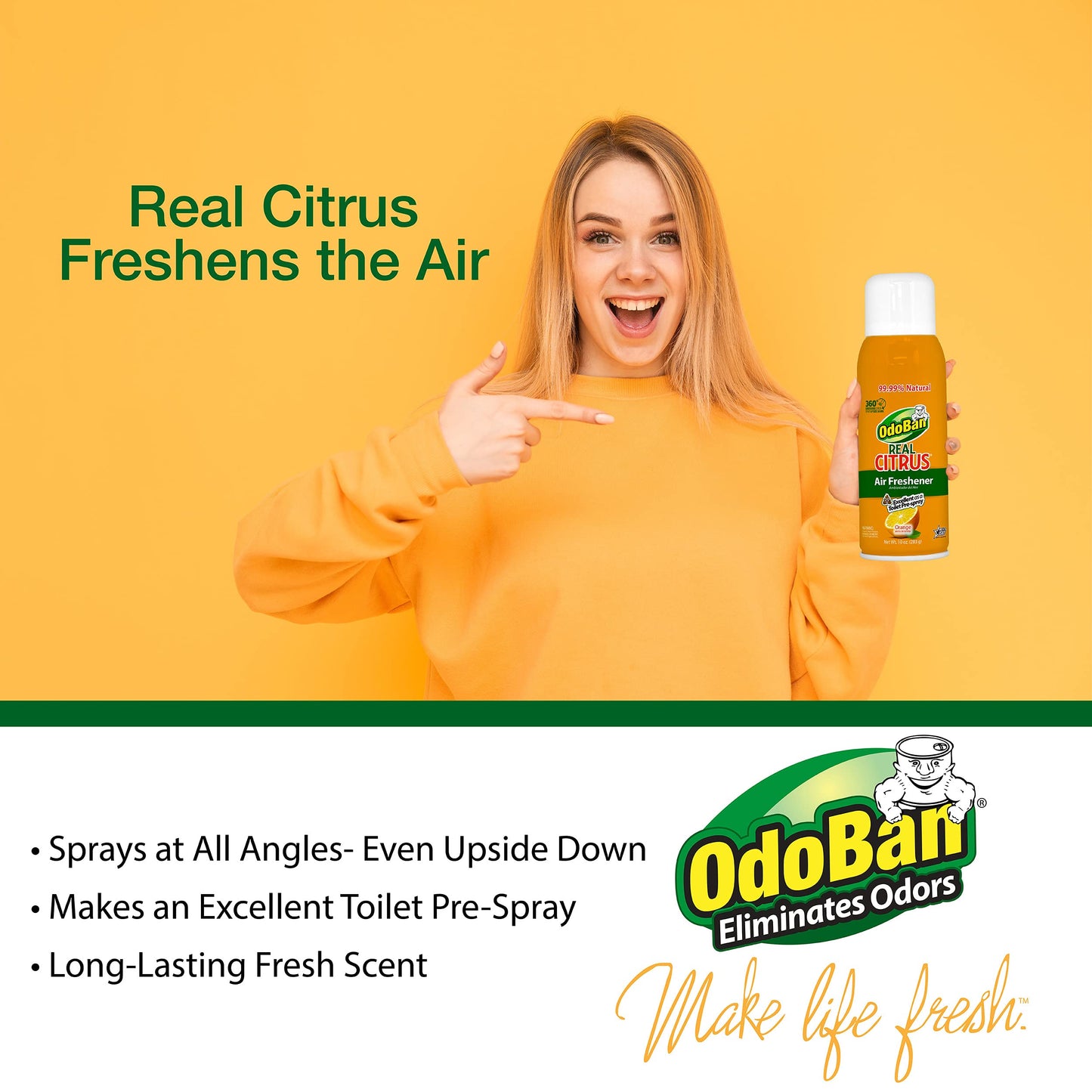 OdoBan Aroma Eliminator Set, Made in the USA, 10 Ounce Toilet Spray 360-Degree Continuous Spray Natural Oil Real Citrus Orange Air Freshener and 14