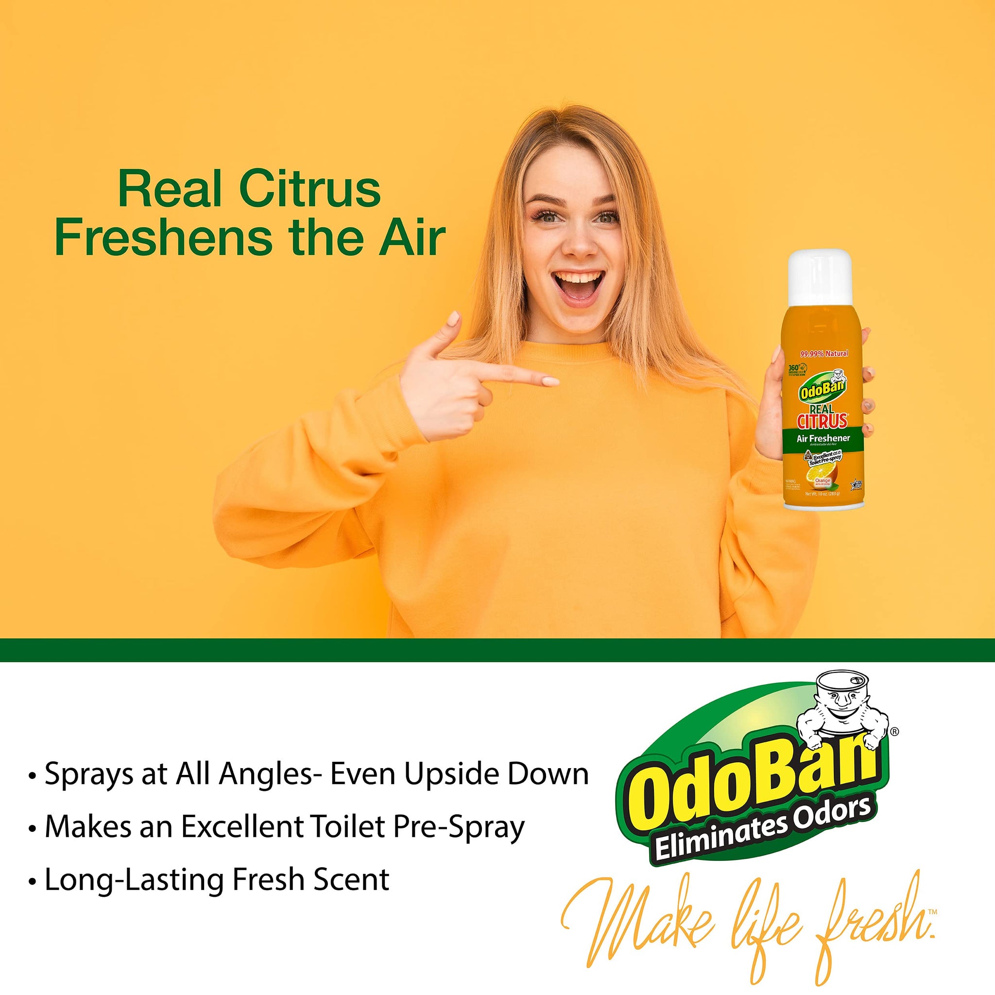 OdoBan Aroma Eliminator Set, Made in the USA, 10 Ounce Toilet Spray 360-Degree Continuous Spray Natural Oil Real Citrus Orange Air Freshener and 14
