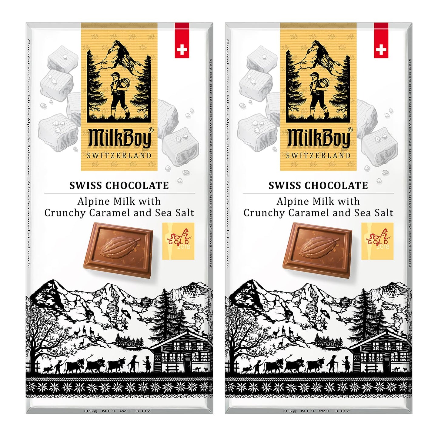 MilkBoy Swiss Chocolates Milk Chocolate Bars, Caramel Salt - 3 oz, 2 Pack