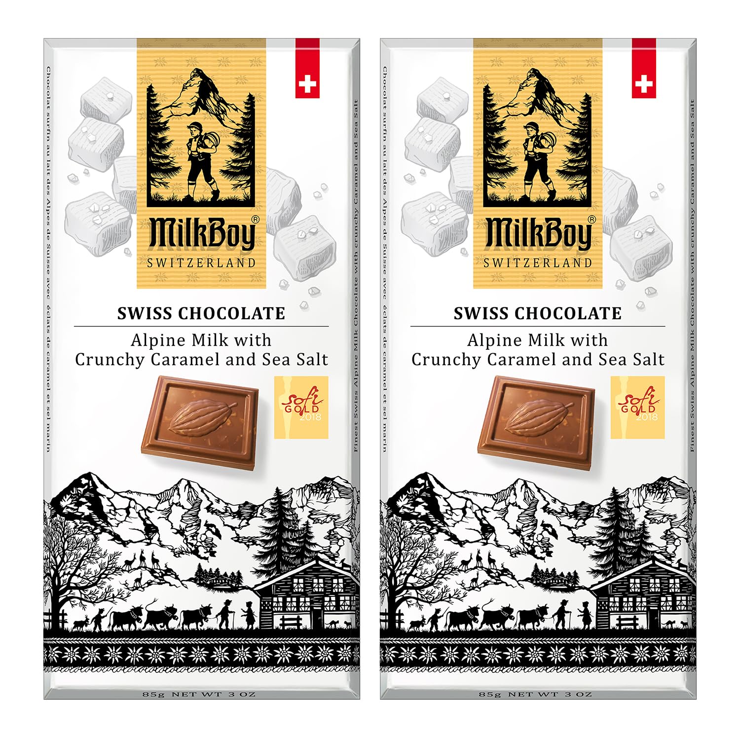 MilkBoy Swiss Chocolates Milk Chocolate Bars, Caramel Salt - 3 oz, 2 Pack