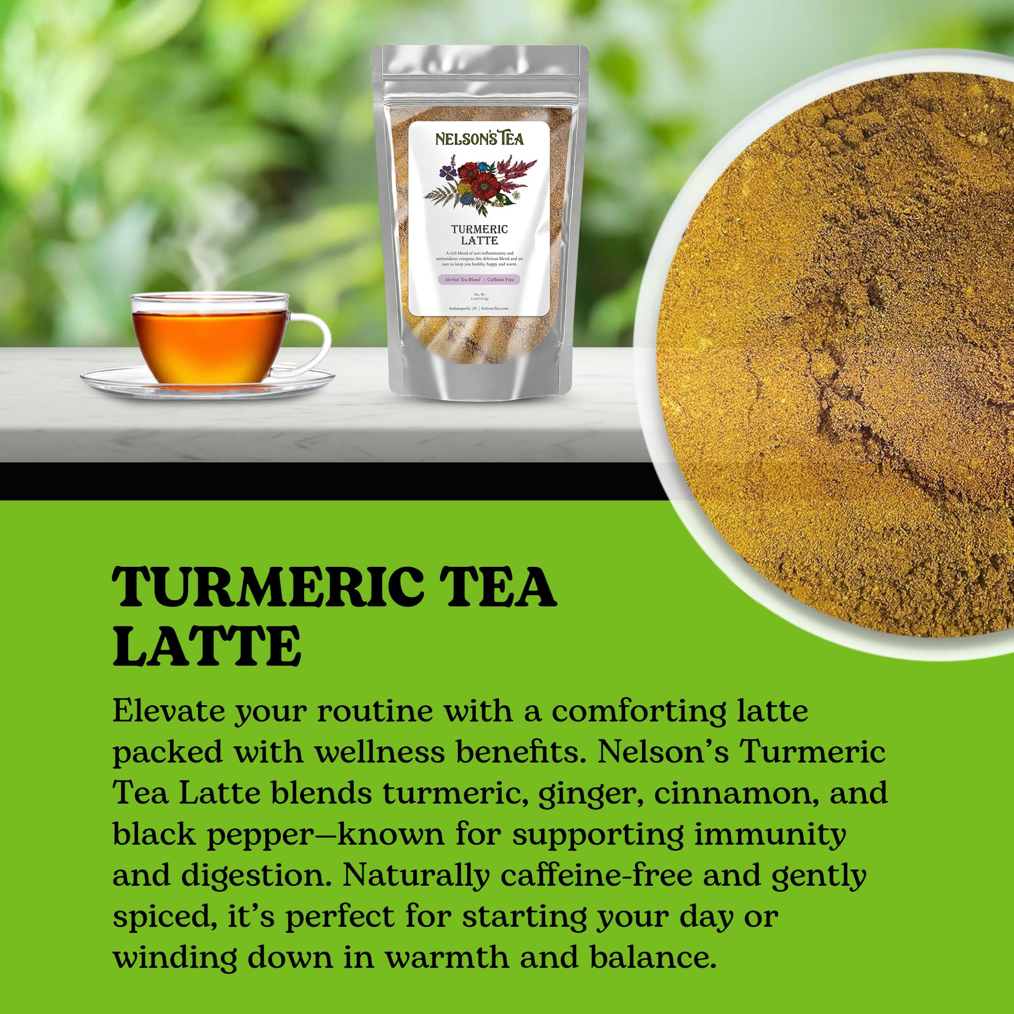 Nelson's Tea - Caffeine Free Turmeric Tea Latte - Mix of Turmeric, Cinnamon, Ginger, Clove, Nutmeg, and Black Pepper 4 oz