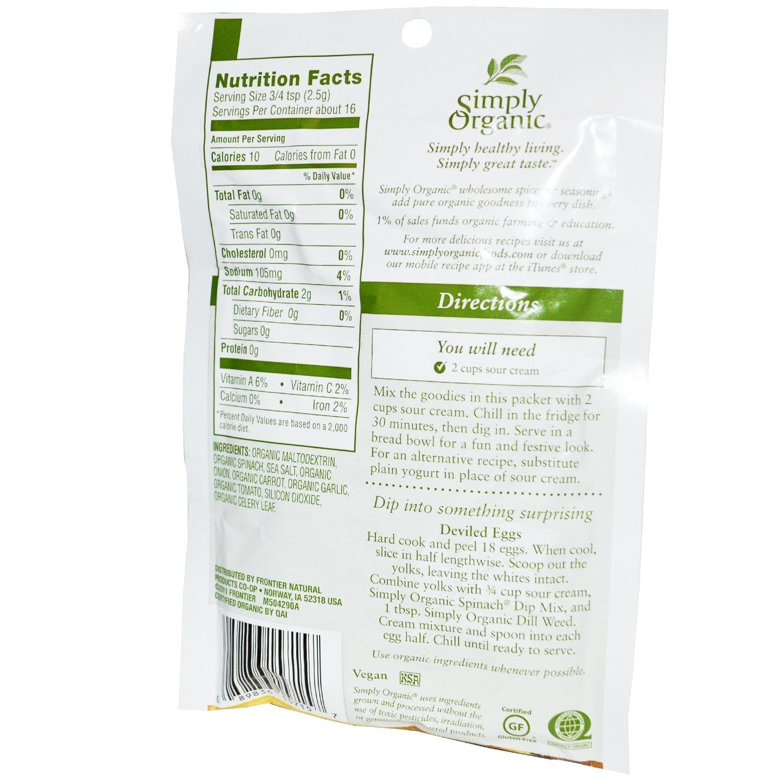 Simply Organic Spinach Dip Mix, Certified Organic, Gluten-Free | 1.41 oz