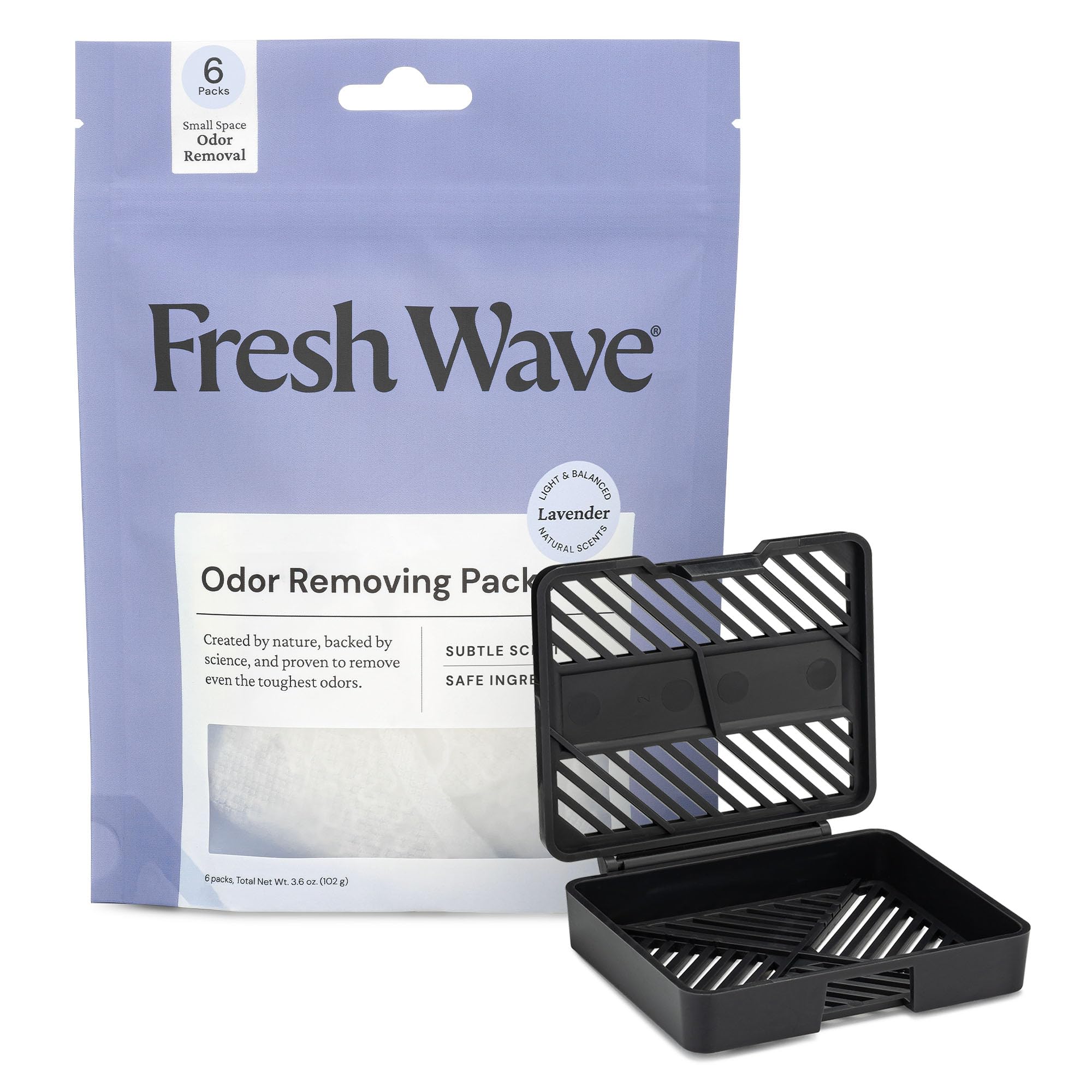 Fresh Wave Lavender Odor Eliminating & Deodorizing Packs | Bag of 6 & Fresh Pod Case | Safer Odor Relief for Small Spaces | Natural Plant-Based Odor
