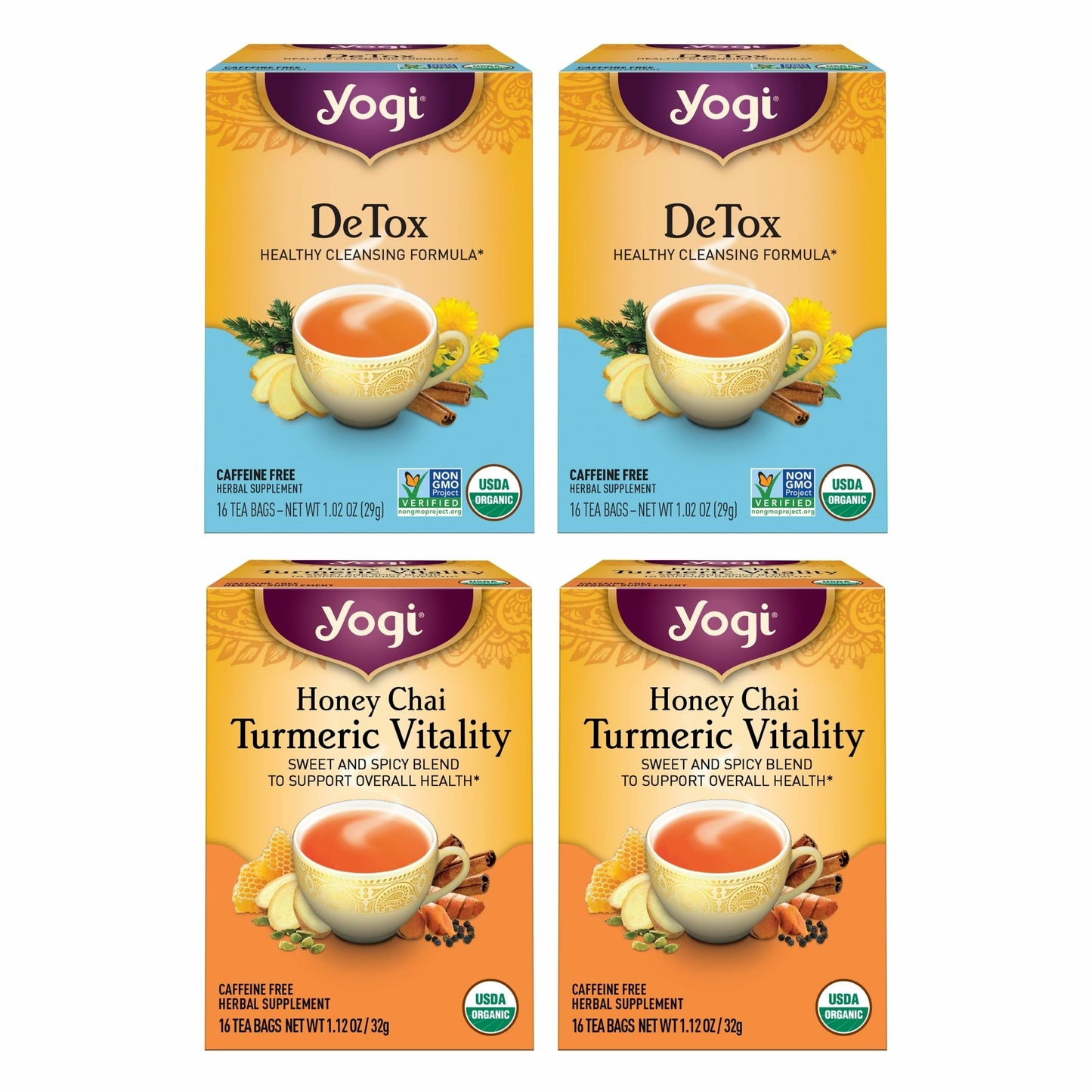 Yogi Tea DeTox and Wellness Variety Pack 4pk - 16 Bags per Pack (4 Pack) - Organic Herbal Cleansing Teas - Includes (2 Boxes Each) of Honey Chai