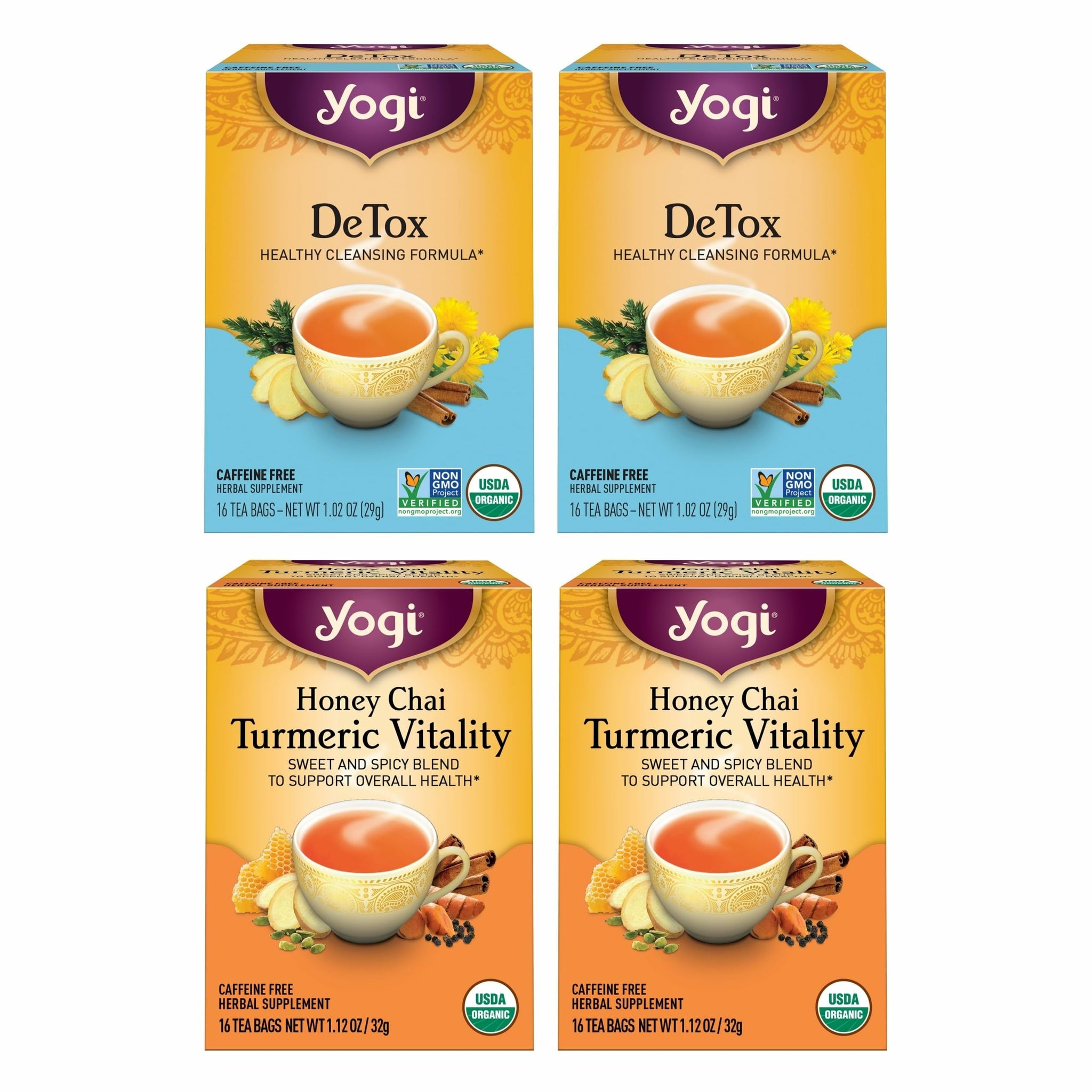 Yogi Tea DeTox and Wellness Variety Pack 4pk - 16 Bags per Pack (4 Pack) - Organic Herbal Cleansing Teas - Includes (2 Boxes Each) of Honey Chai