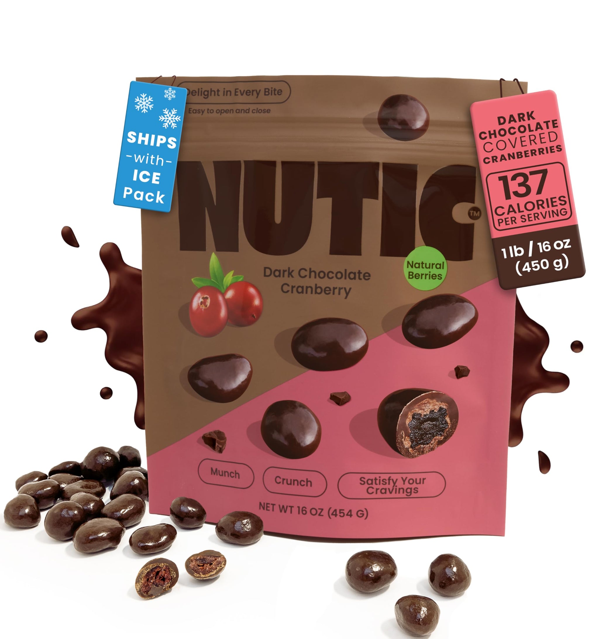 Nutic Dark Chocolate Covered Cranberries - 1LB, Luscious Treats for Snacking & Gifting, Tempting Chocolate-Engulfed Fruit for Holidays and Everyday