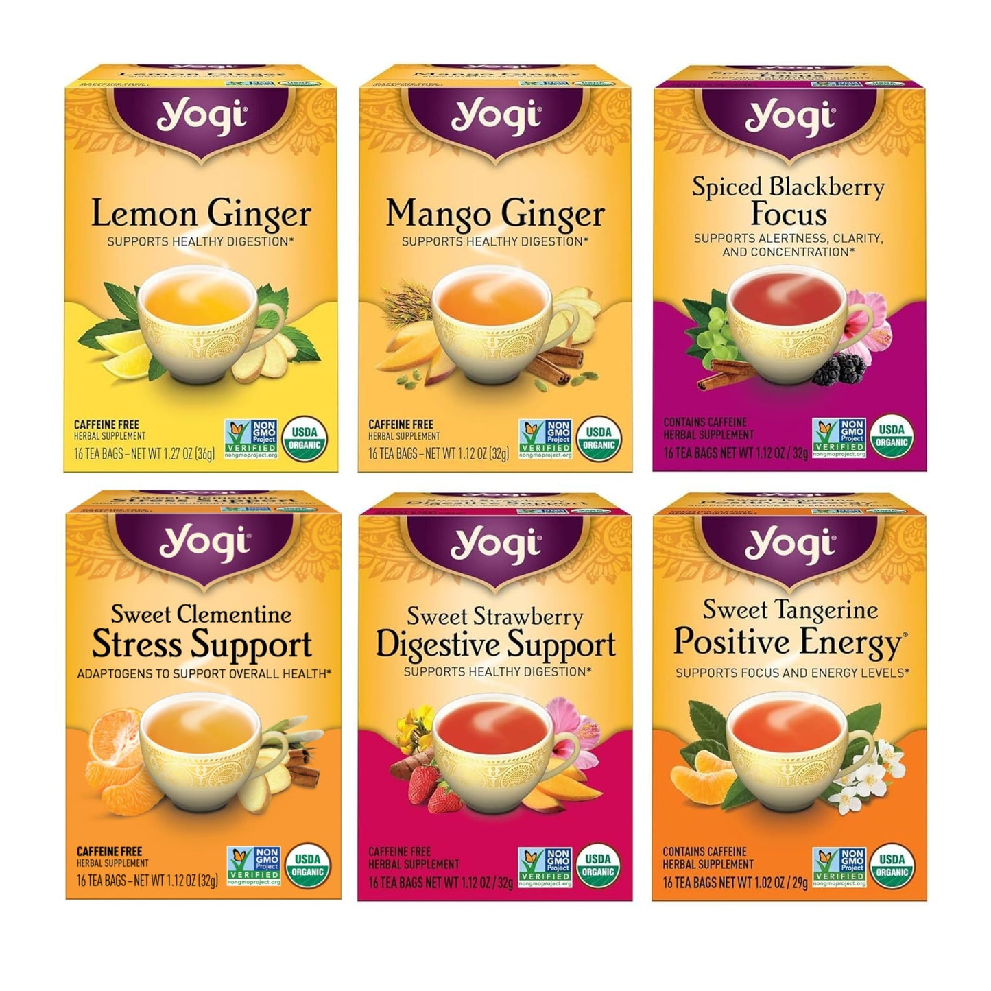 Yogi Tea - Fruity Tea Variety Sampler, 16 Tea Bags per pack (6 Packs) - Black, Green & Herbal Assorted Flavors: Sweet Clementine, Blackberry