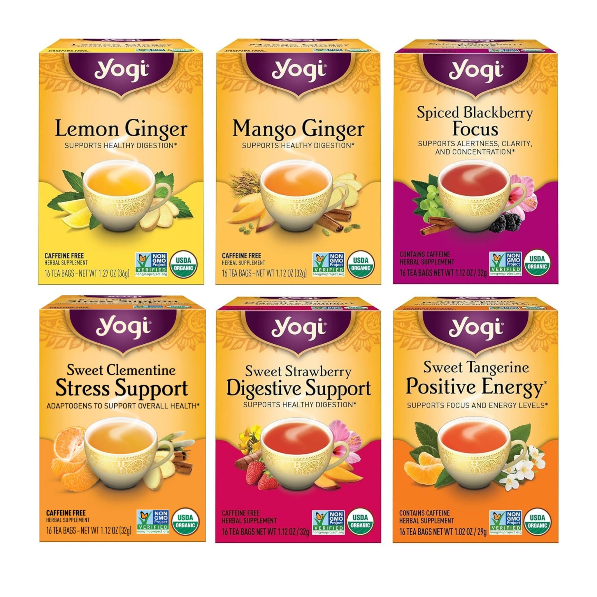 Yogi Tea - Fruity Tea Variety Sampler, 16 Tea Bags per pack (6 Packs) - Black, Green & Herbal Assorted Flavors: Sweet Clementine, Blackberry