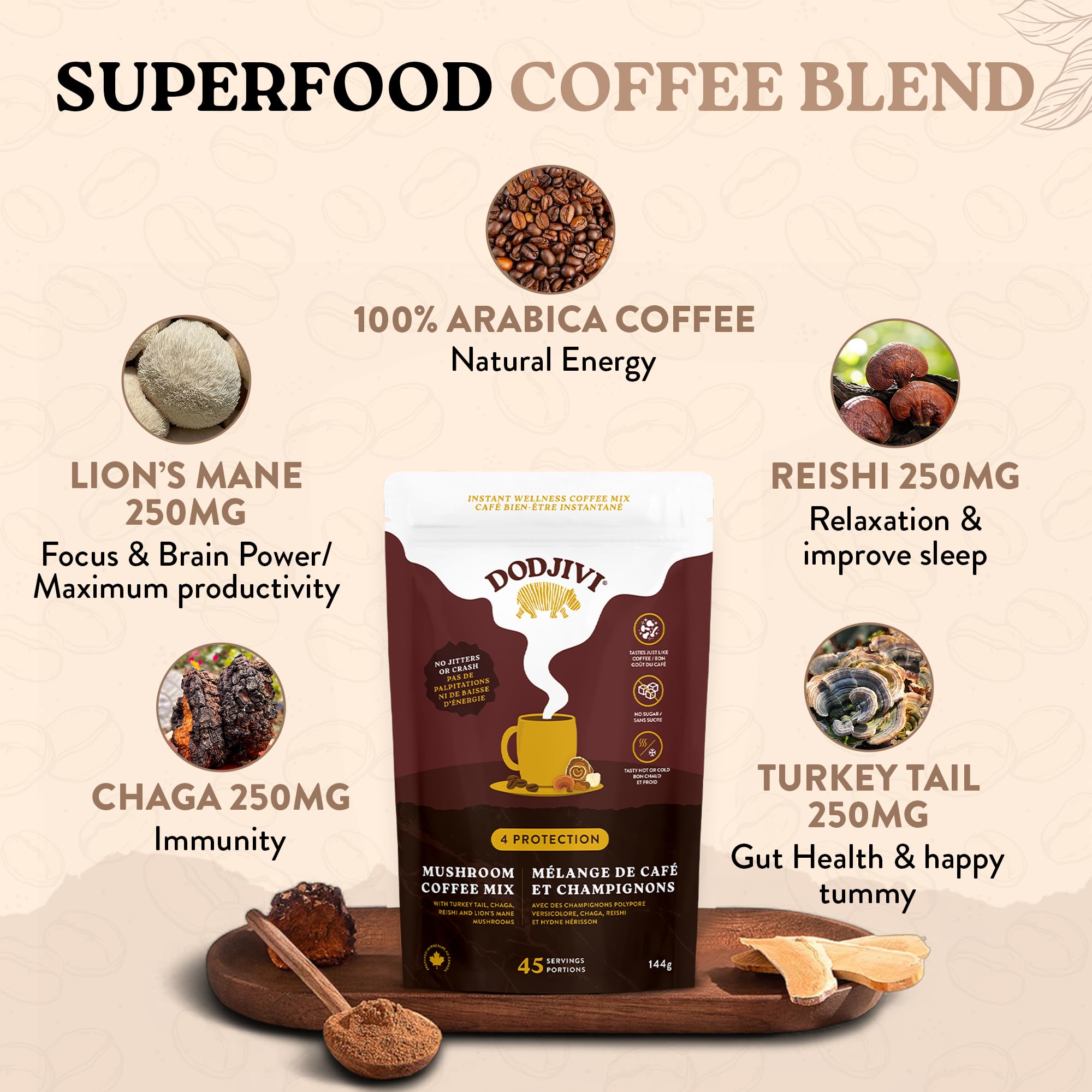 Dodjivi Organic Mushroom Coffee Instant Packets, Arabica Coffee Powder with Reishi mushroom, Lion's mane, Chaga,Turkey Tail for Better Focus, Energy
