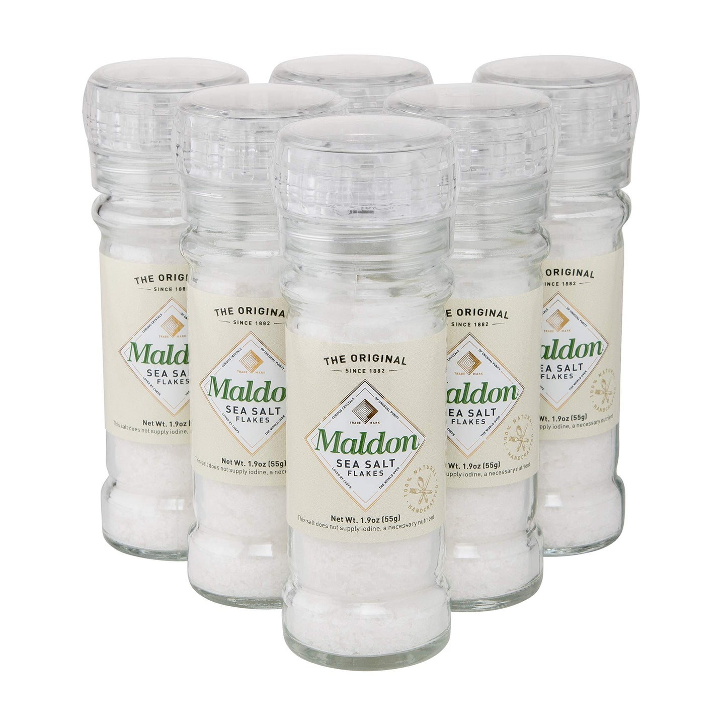 Maldon Salt, Sea Salt Grinder, 55 g, 6 Count, Refillable and Adjustable, Kosher, Natural, Handcrafted, Gourmet, Pyramid Crystals
