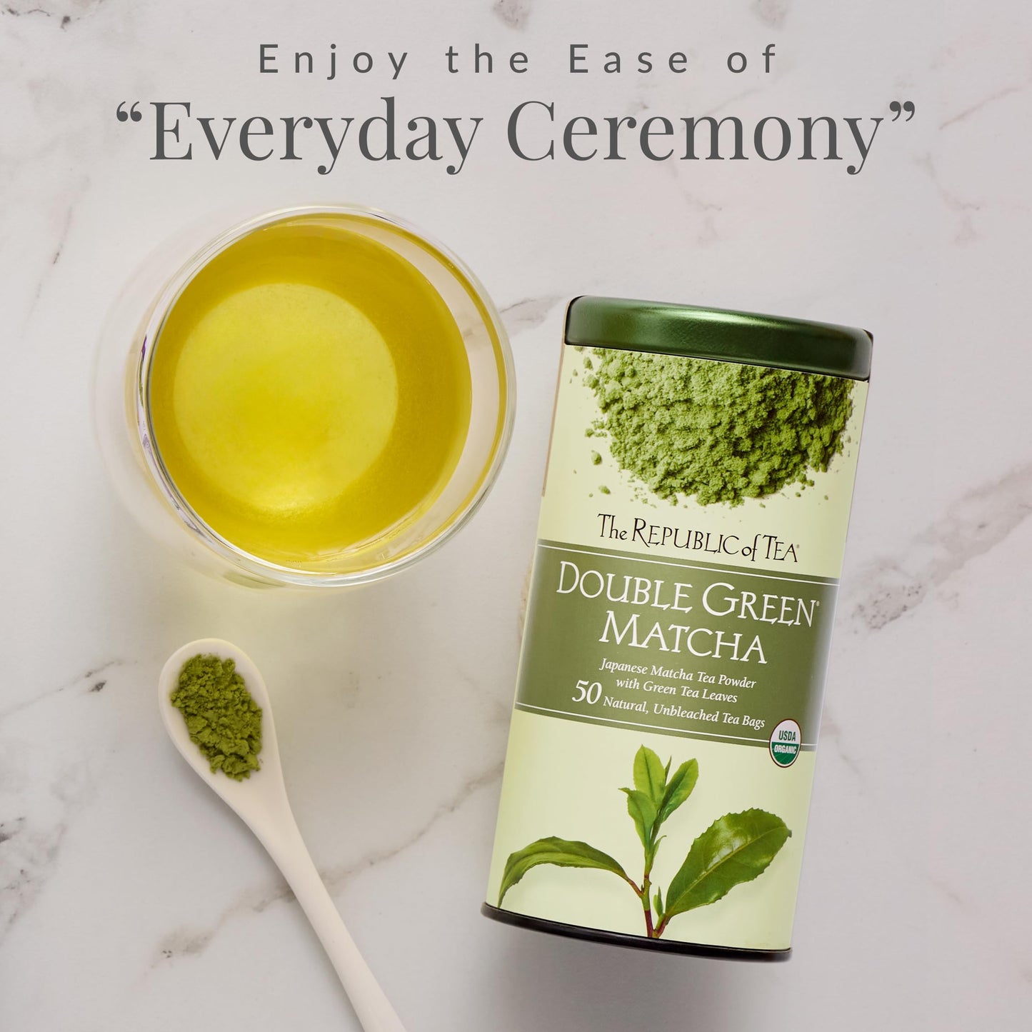 The Republic of Tea Organic Double Green Matcha, Individual Tea Bags with Japanese Matcha Tea Powder and Green Tea Leaves Blend, Natural Unbleached